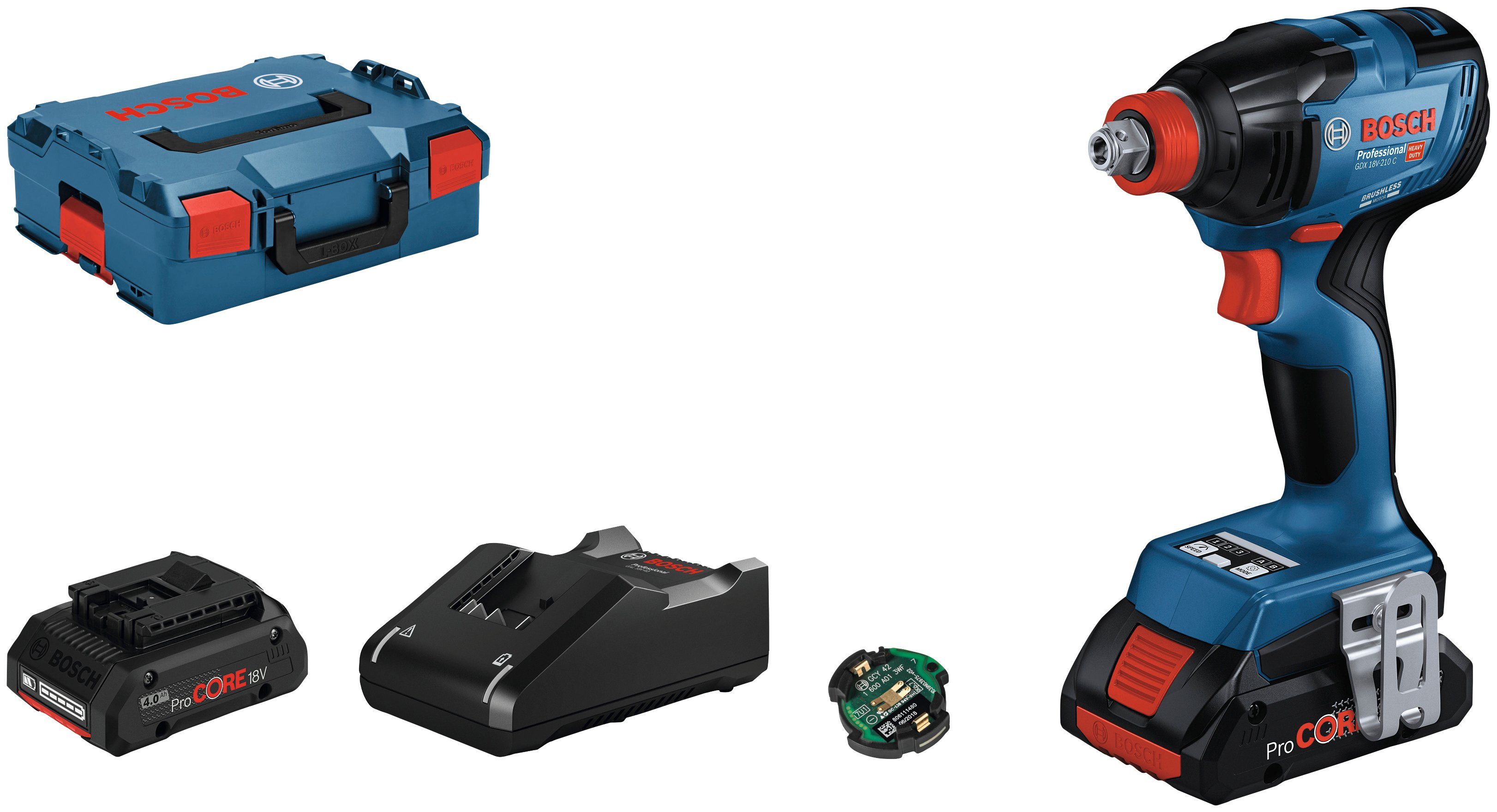 Bosch Professional Akku-Drehschlagschrauber GDX 18V-210 C, mit 2 Akkus und Ladegerät, 3400 U/min, 210 Nm, mit 1/4"-Innensechskant und 1/2"-Außenvierkant, L-Boxx