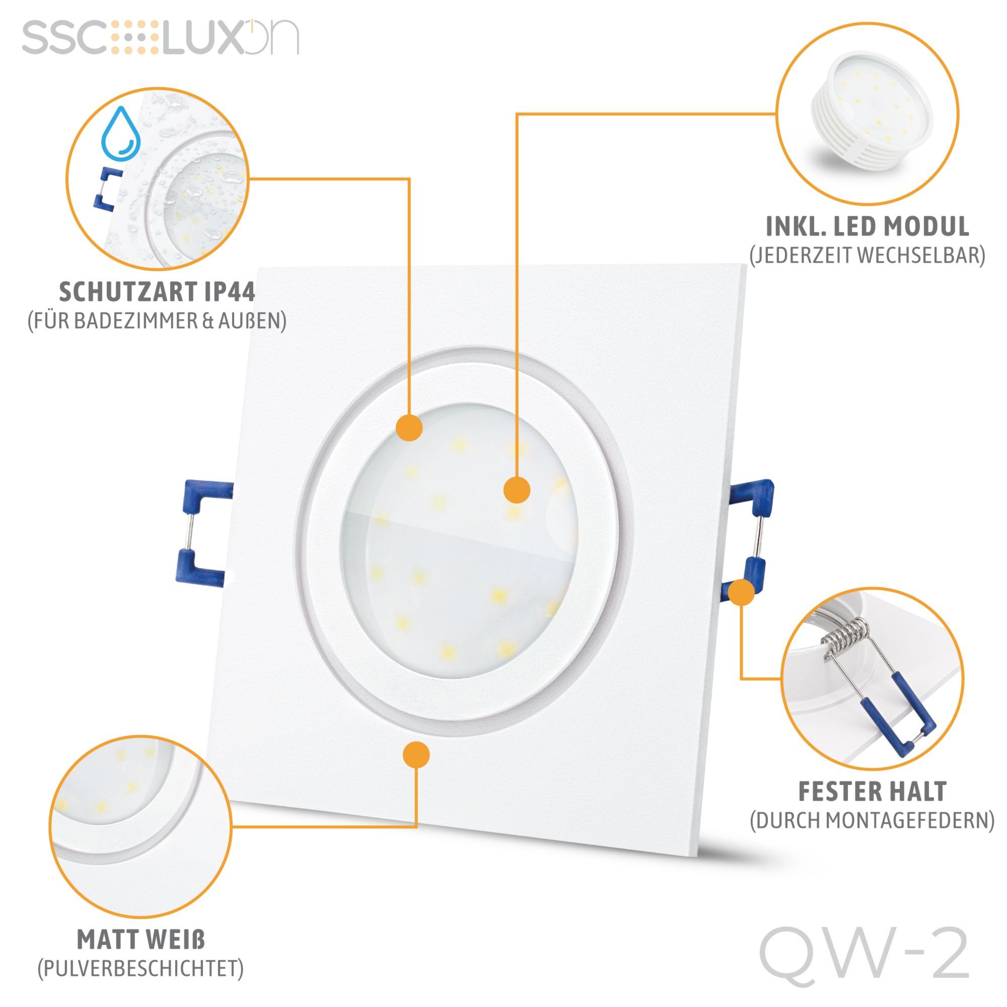 SSC-LUXon Außen-Deckenleuchte QW-2 flache Bad Einbauleuchte warmweiss weiss, IP44 Modul 230V Warmweiß LED 5W