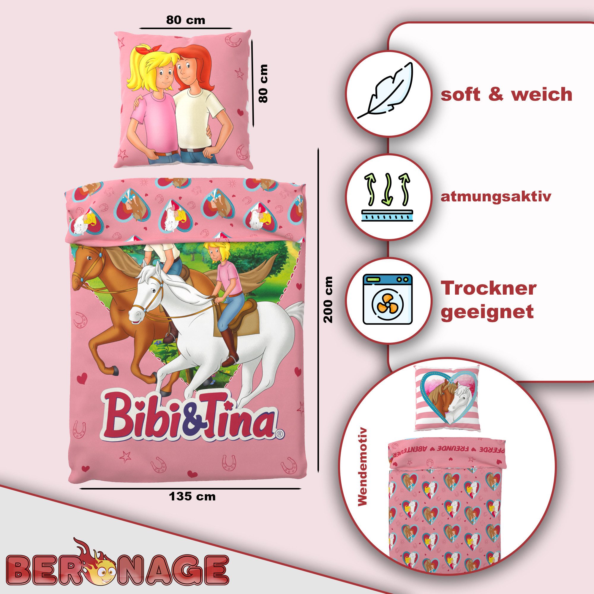 BERONAGE Kinderbettwäsche Bibi und Tina Herz Bettwäsche Linon / Renforcé, Baumwolle, 2 teilig, 135x200 + 80x80 cm