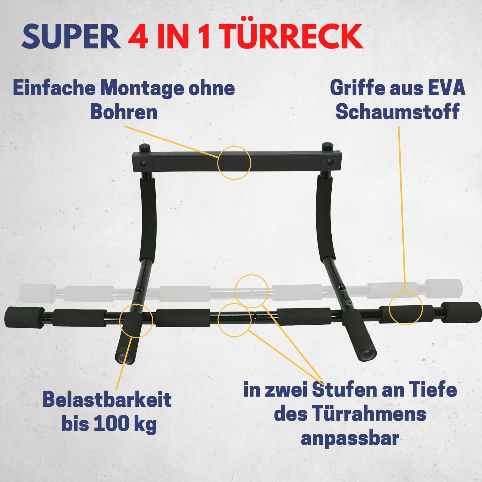 Best Sporting Klimmzugstange 4-in-1 Multifunktions Tür-Reck für Klimmzüge, Liegestütze, Dips, Einfache Montage ohne Bohren I Belastbar bis 100 kg