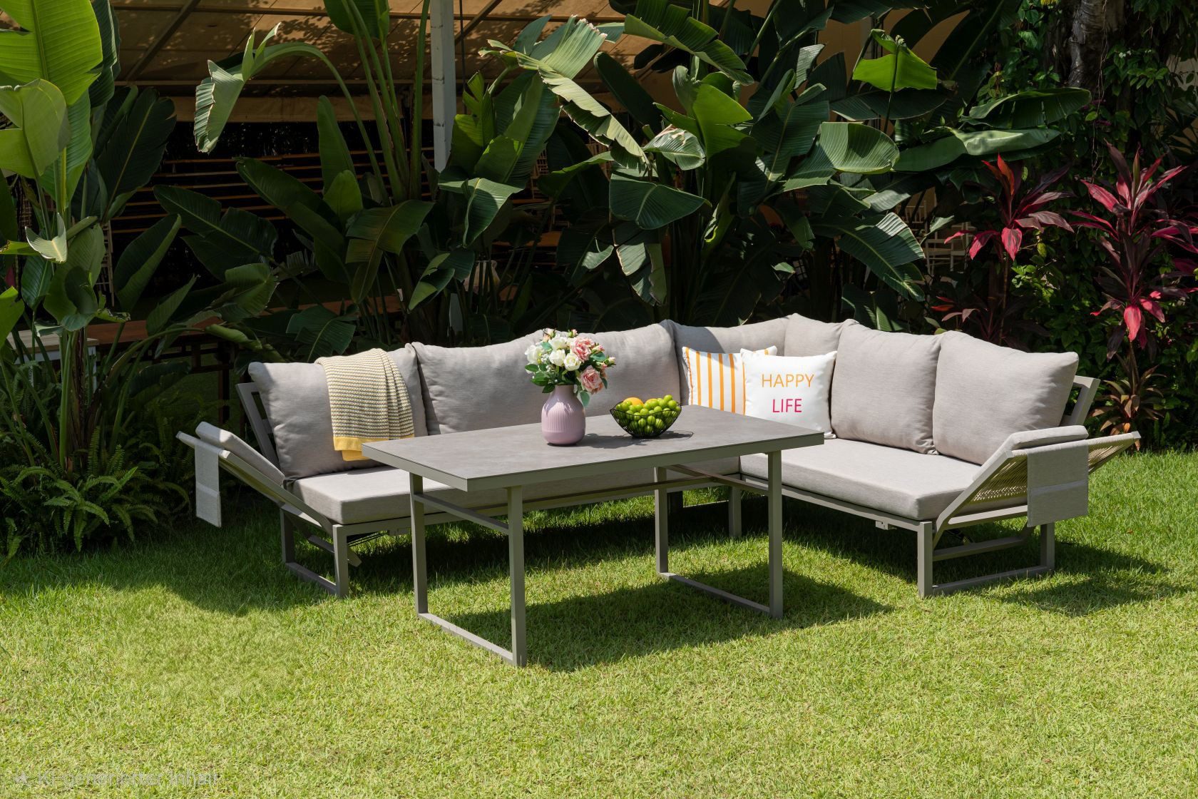 Gardissimo Gartenlounge-Set San Remo hell Dining Eck Lounge Set mit hohen Tisch, (Spar-Set, 3-tlg., Lounge Set mit hohen Tisch), mit stufenlos verstellbaren Armlehnen / wetterfest