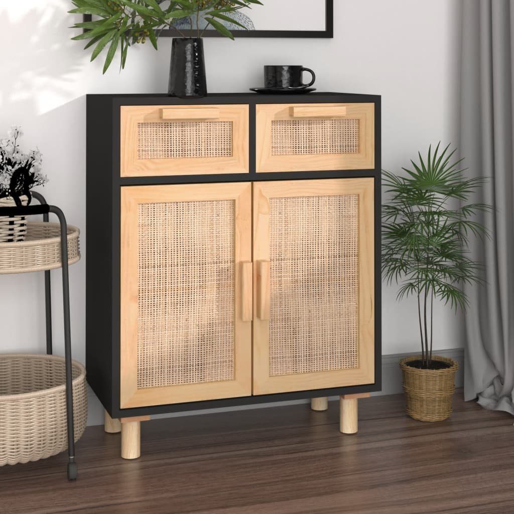 vidaXL Sideboard Sideboard Schwarz 60x30x75cm Massivholz Kiefer und Natur-Rattan (1 St)