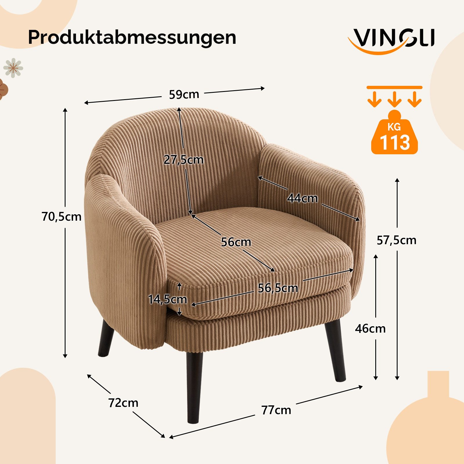 VINGLI Ohrensessel Cocktailsessel aus Cord, Moderner Loungesessel für Wohnzimmer, Holzbeine, Abnehmbares Sitzkissen & Armlehnen – Bild 2 von 5