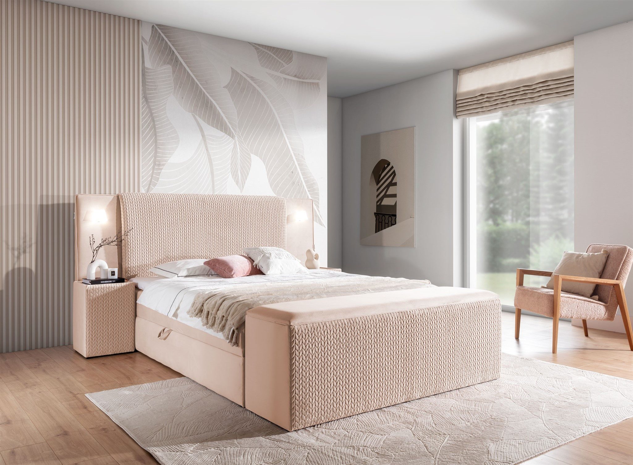 Fun Möbel Boxbett Bett MARTEN in Stoff Magic Velvet Set.4 (inkl. Bettkästen und Kaltschaumtopper, inkl. Polsterhocker mit Stauraum und 2 x Nachttische), Ambiente-Beleuchtung mit Touch Funktion im Kopfteil