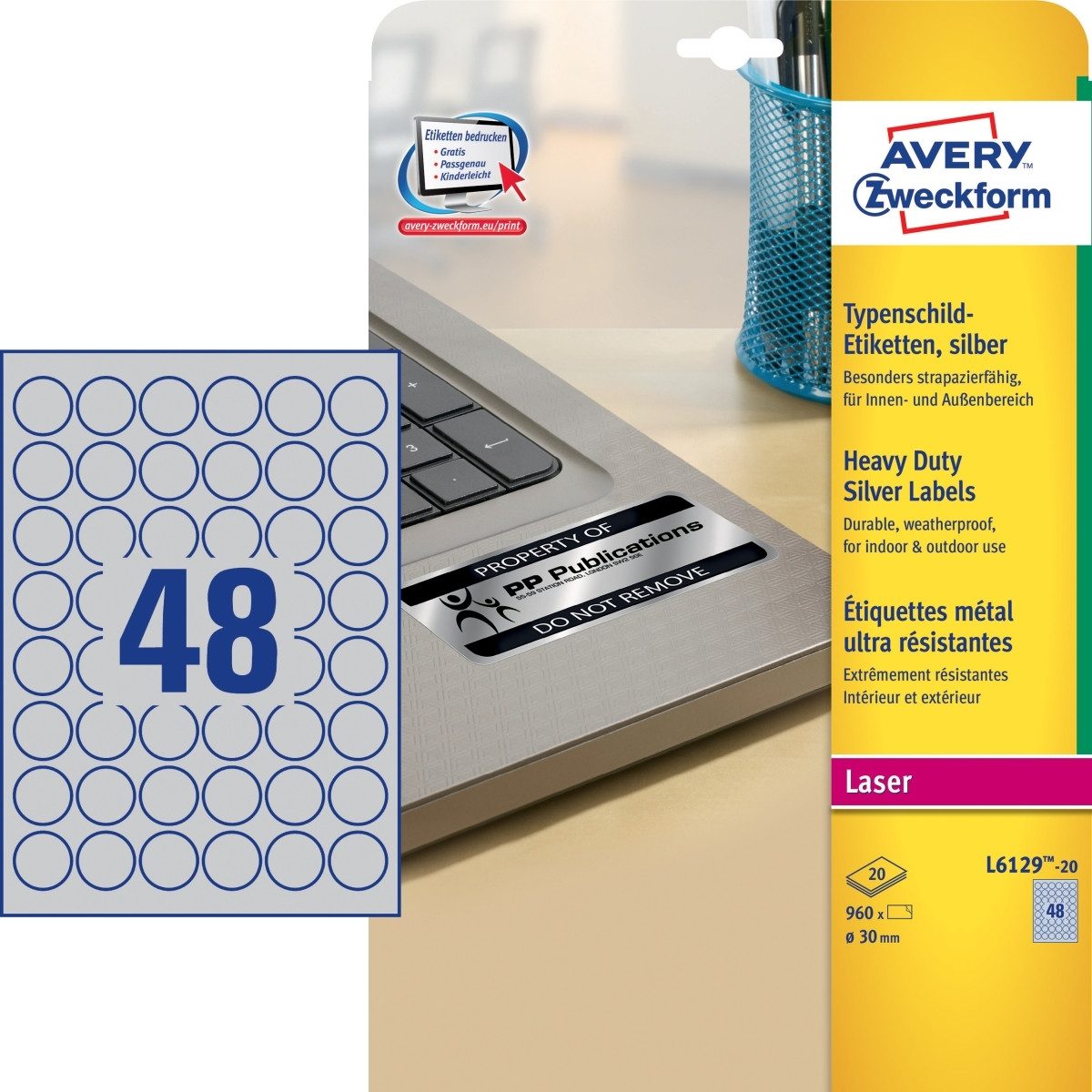 Avery Zweckform Etiketten Typenschild-Etiketten 30x30mm silber 960 Stück
