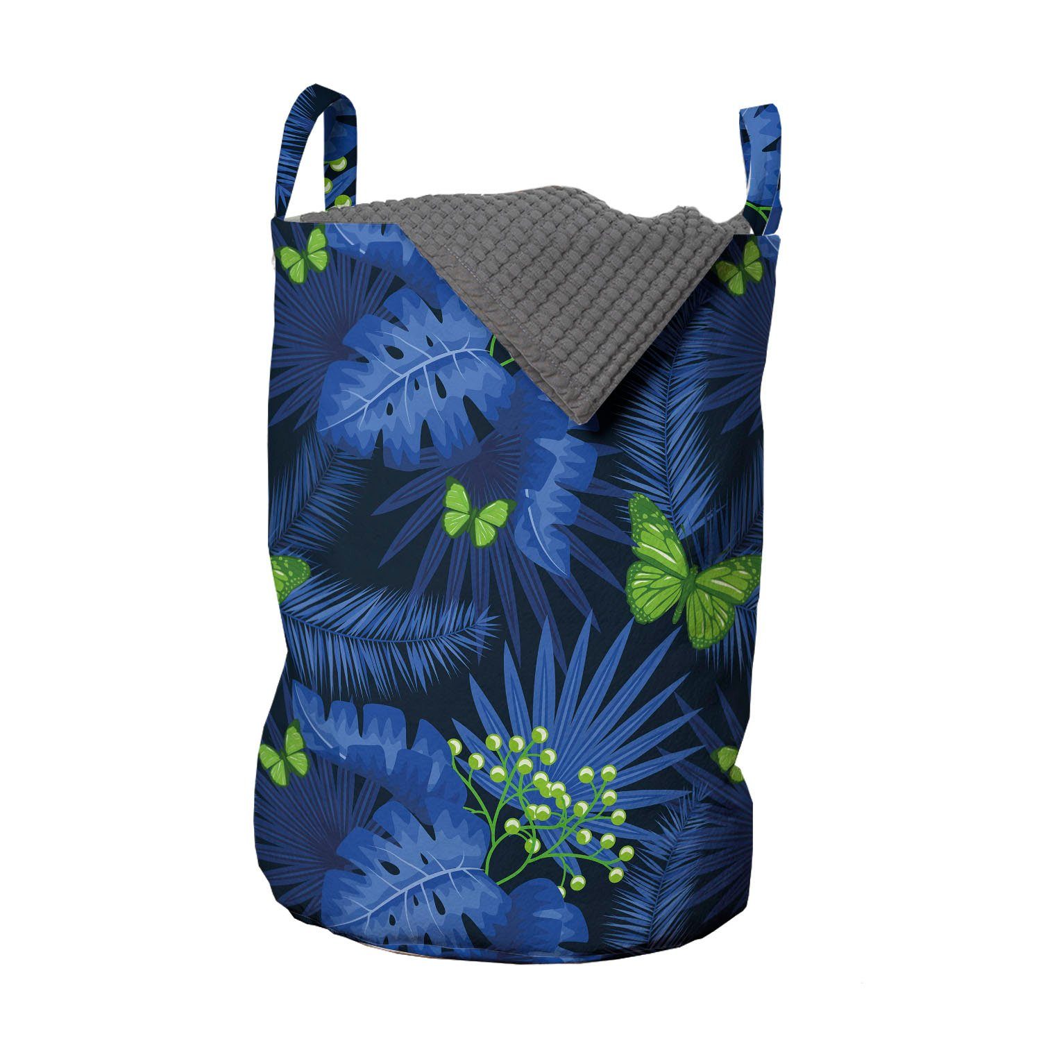 Abakuhaus Wäschesäckchen Wäschekorb mit Griffen Kordelzugverschluss für Waschsalons, Natur Dschungelpflanzen Schmetterling Fern