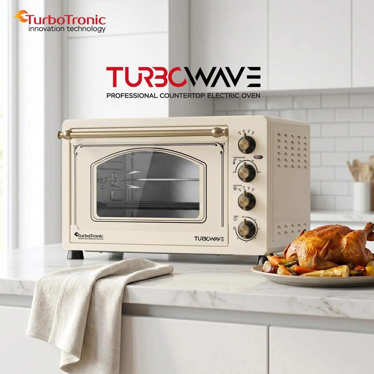 TurboTronic by Z-Line Minibackofen 45 Liter mit Umluft Drehspieß 2000W Backblech Gitter Elektro, Retro-Design, Umluftfunktion, Drehspieß