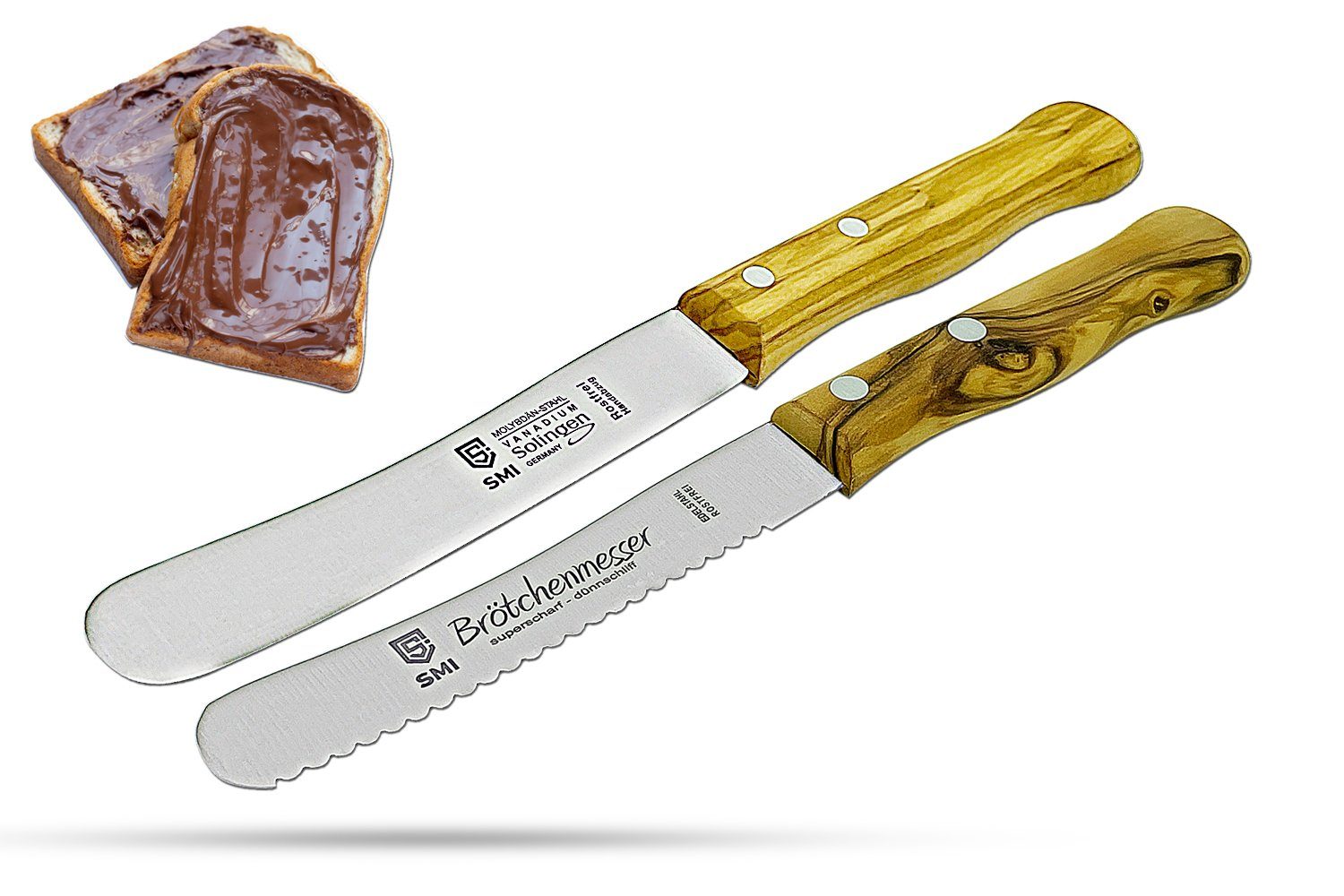 SMI Brötchenmesser 2-tlg Buttermesser Wellenschliff Frühstücksmesser Buckelsmesser, Olivenholz Solingen