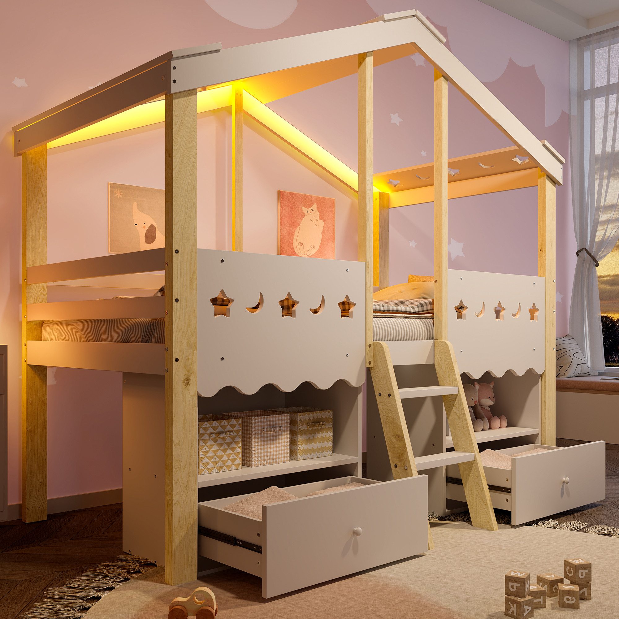 MODFU Kinderbett mit 2 Schubladen (Hausform Holzbett mit LED-Lichtleiste, Einzelbett 90×200 cm), ohne Matratze