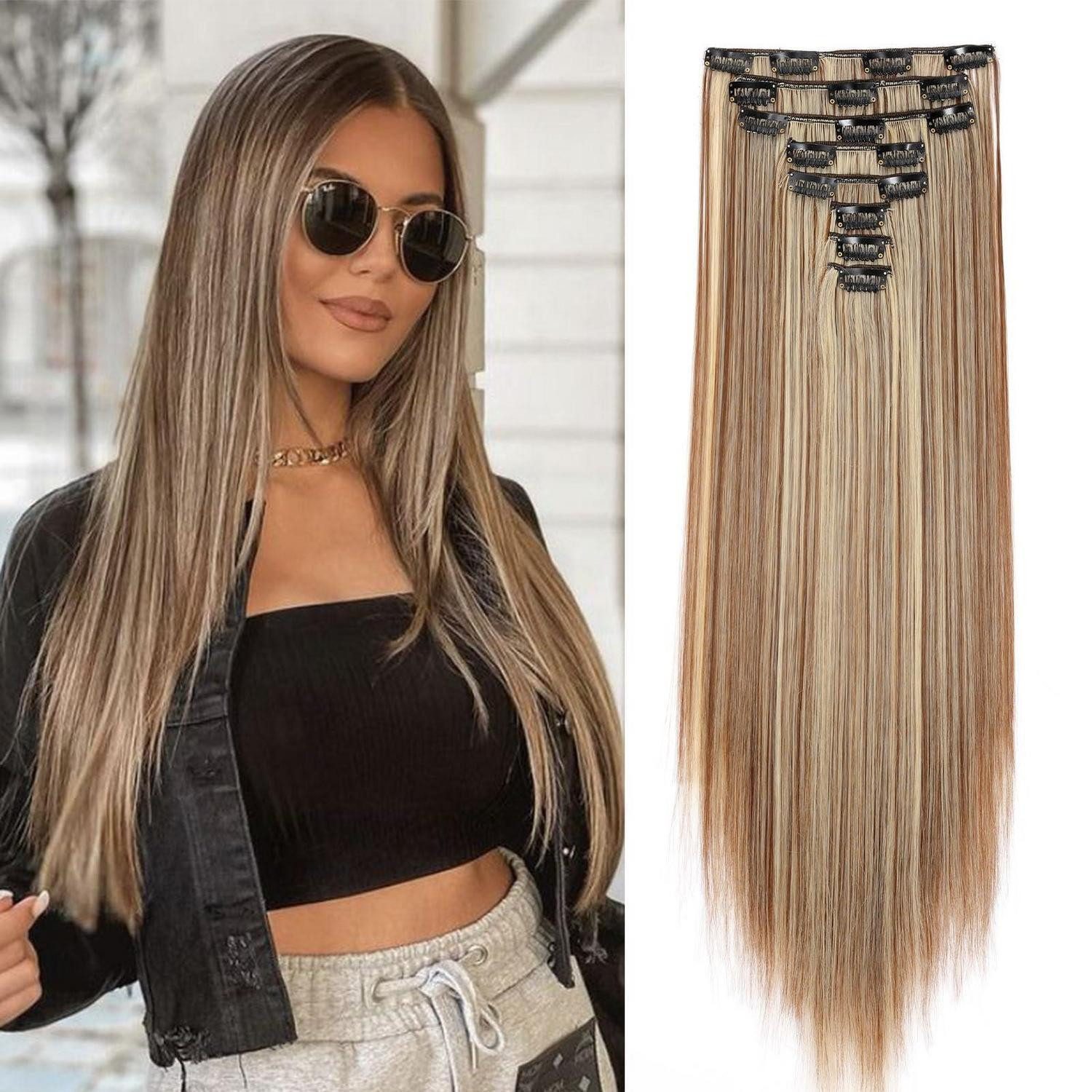 LuxusKollektion Kunsthaar-Extension Clip in Extensions 60cm 8 Teile 70 cm Goldbraun&Gebleichtes Blond