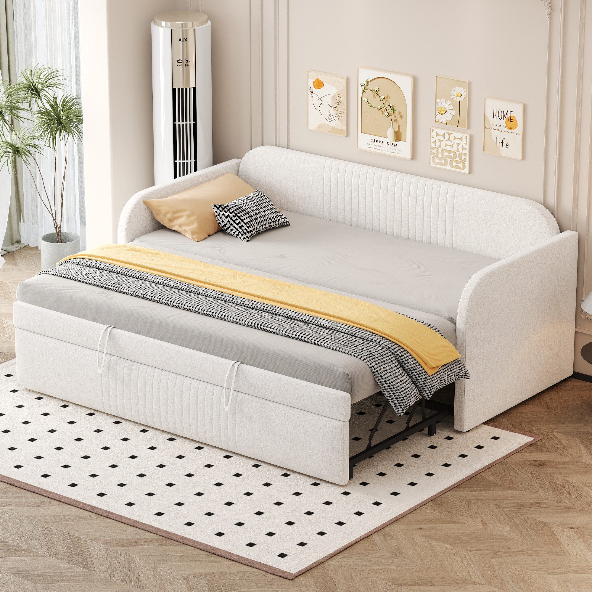 MODFU Schlafsofa Polsterbett Kinderbett Einzelbett, Ausziehbares Gästebett 90/180x190 cm, mit vertikalen Streifen, mit Lattenrost, ohne Matratze