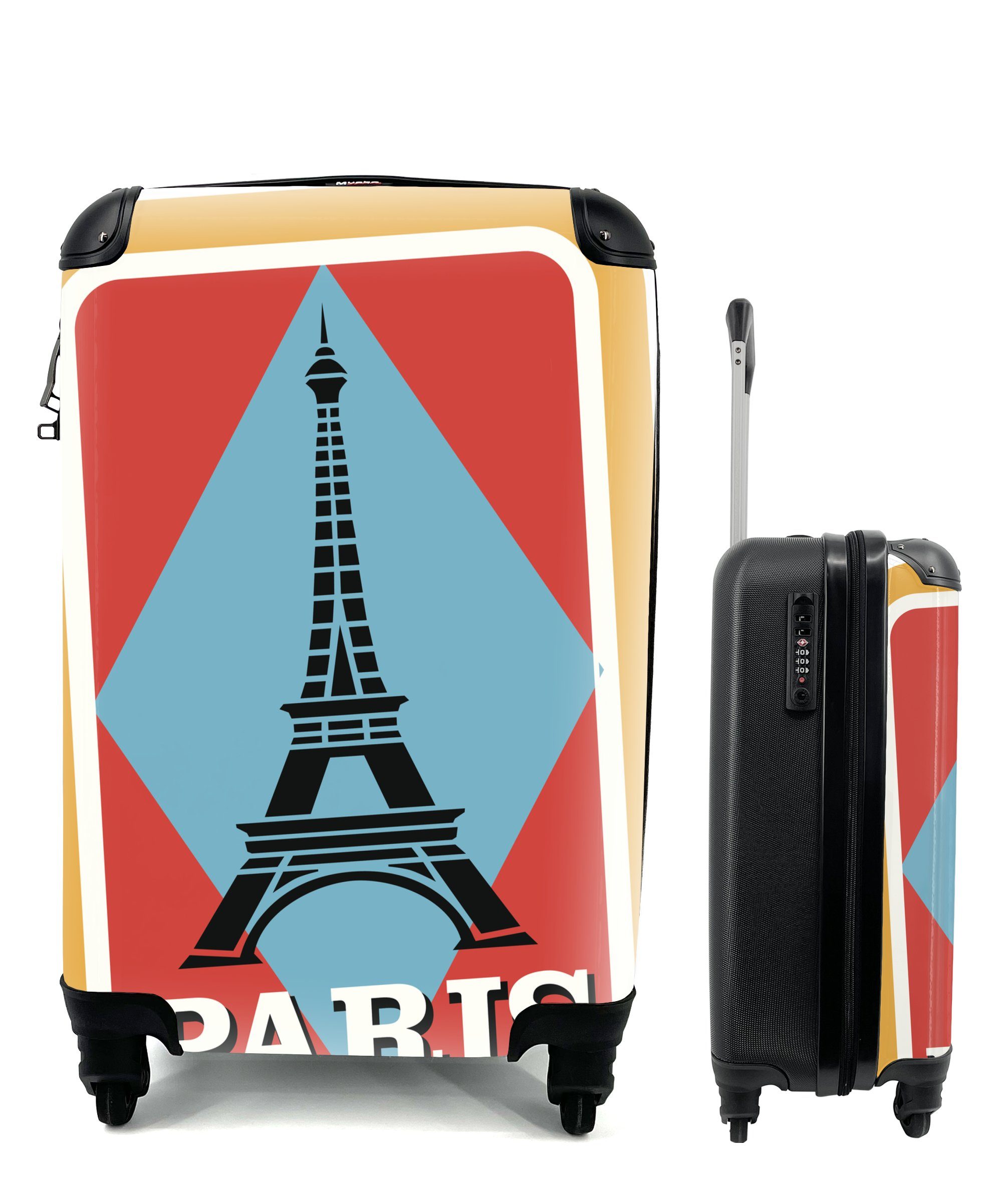 MuchoWow Handgepäckkoffer Eine Illustration mit des Reisetasche als Aufkleber, Trolley, für Ferien, Rollen, Eiffelturms Reisekoffer 4 rollen, Handgepäck