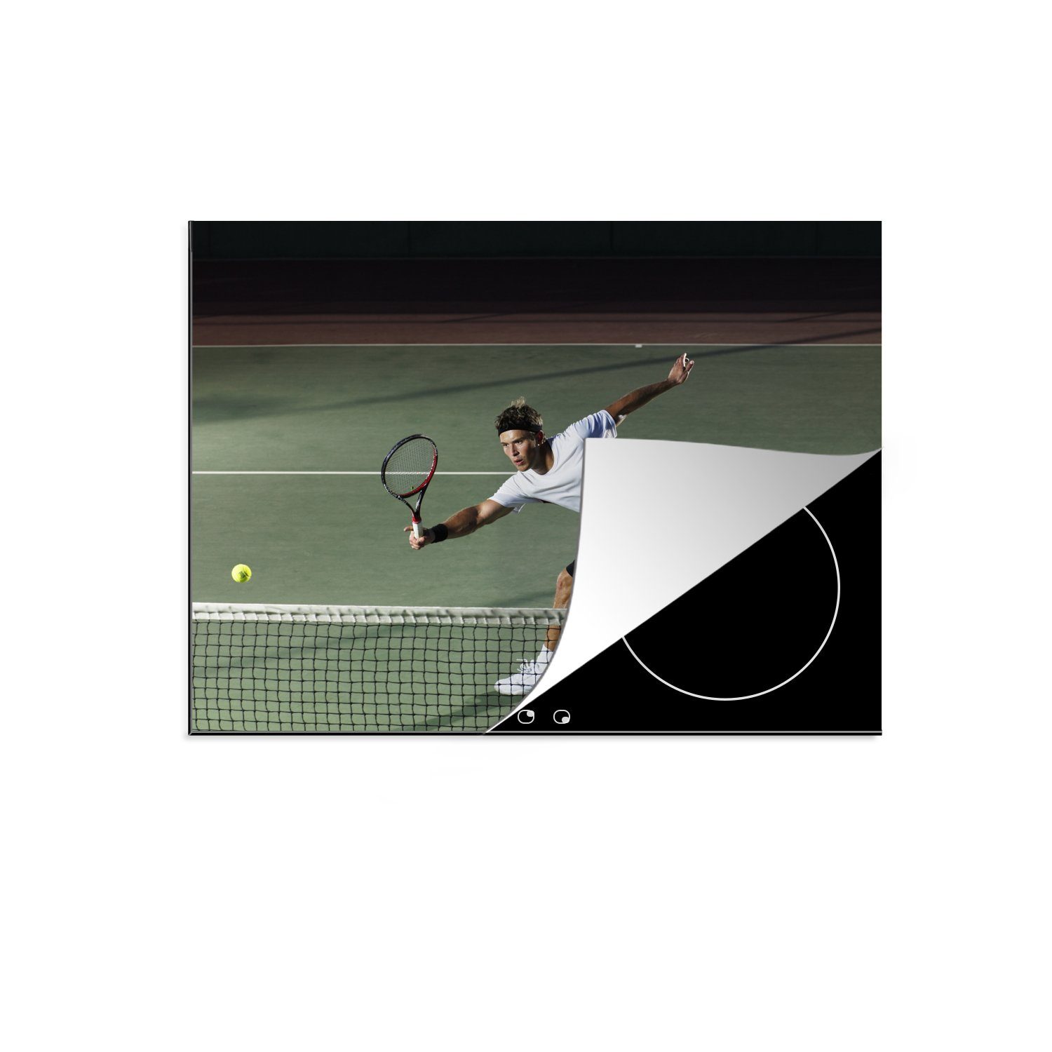 MuchoWow Herdblende-/Abdeckplatte Männlicher Tennisspieler schlägt den Ball zurück, Vinyl, (1 tlg), 71x52 cm, Induktionskochfeld Schutz für die küche, Ceranfeldabdeckung