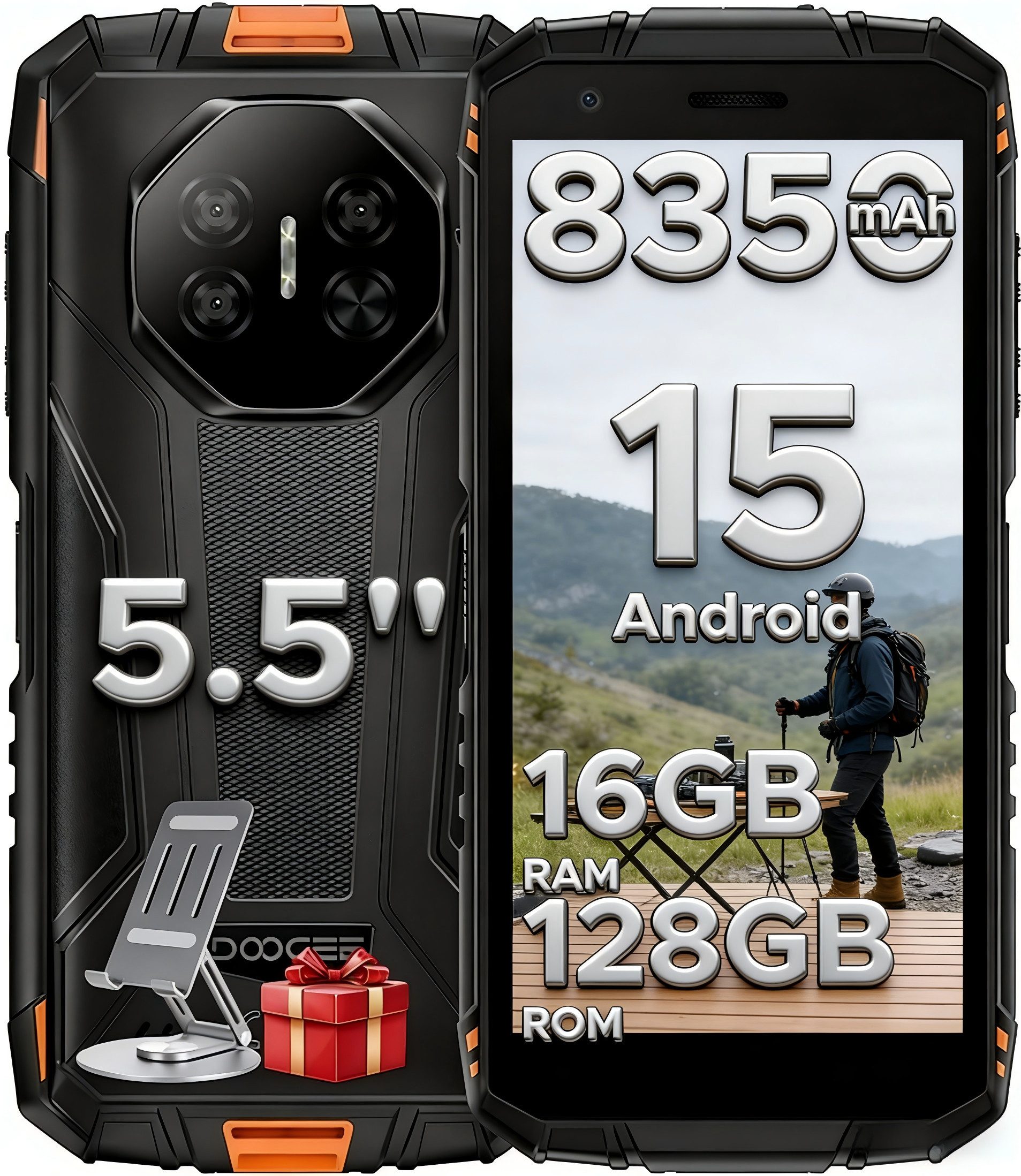 DOOGEE Fire 3 Pro inkl. Handyhalterung 8350mAh 128GB Outdoor Handy 5.5'' Smartphone (14 cm/5.45 Zoll, 128 GB Speicherplatz, 16 MP Kamera, Android 15, Gemini Al, Unisoc T7200, 16MP Camera, Dual SIM 4G)