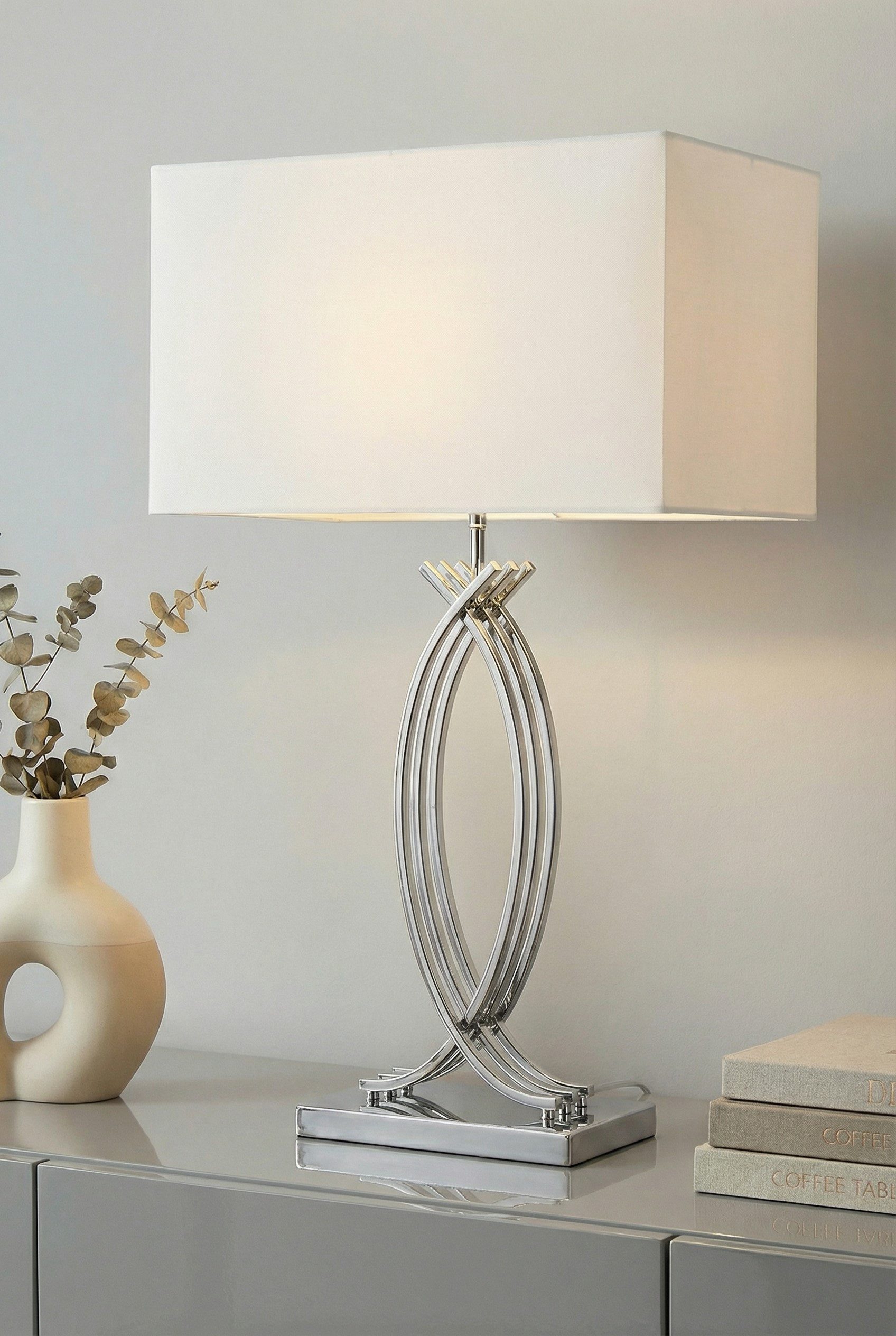 Arnusa Tischleuchte große Tischlampe 74 cm Chrom weißer Schirm Dekoleuchte E27, ohne Leuchtmittel, edle Lampe Chrom