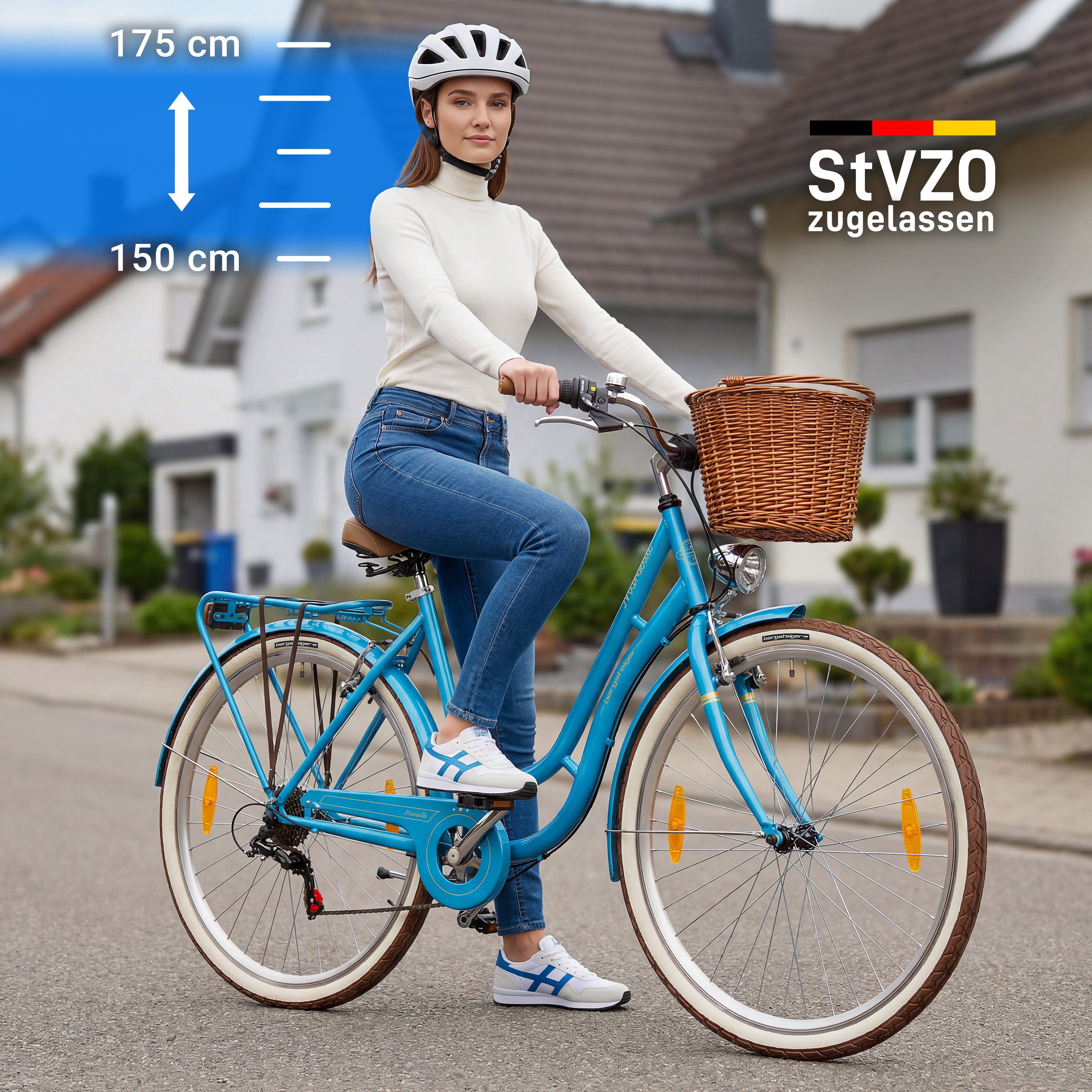 bergsteiger Cityrad Marseille 26 Zoll, 28 Zoll Damenfahrrad, ab 150 cm, Korb aus Rattan, 6 Gang, Kettenschaltung, V-Bremsen