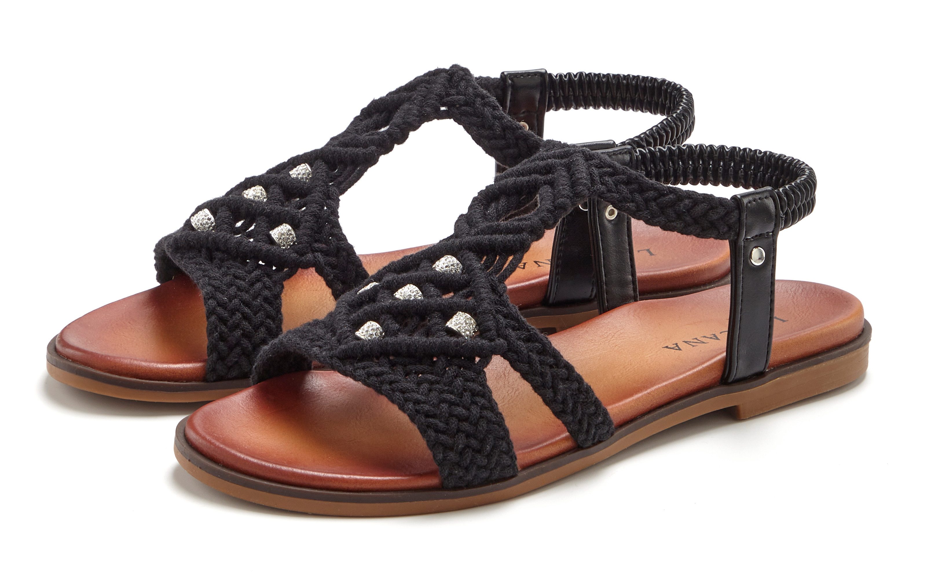 LASCANA Sommerschuh, offener Schuh, Pantolette, Sandale in trendiger Häkeloptik, Glitzerdetails und elastischen Riemchen