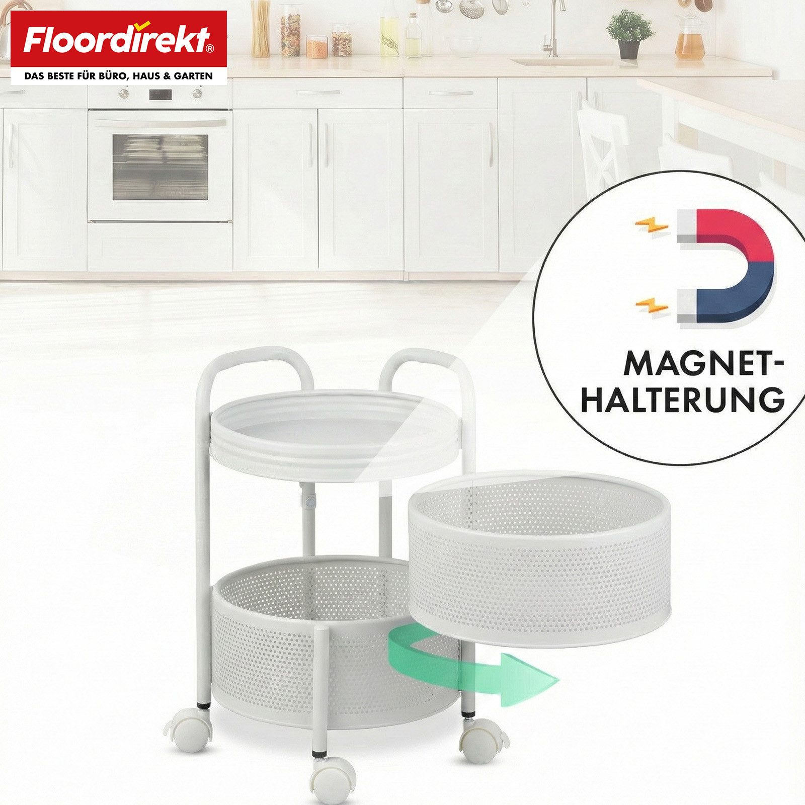 Floordirekt Rollwagen Henry rostfreier Stahl weiß & Schwarz, 3 oder 5 Etagen mit Körben, für Vorräte, Badutensilien oder Bürobedarf, Rollen mit Feststellbremse – Bild 5 von 5