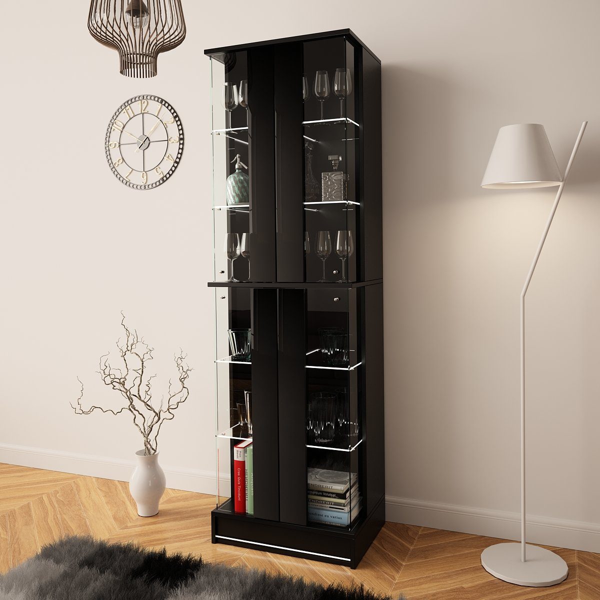 Regal mit Highboard pressiode schwarz LED 55cm Hochschrank hochglanz Bücherregal hochglanz Glasvitrine Vitrine