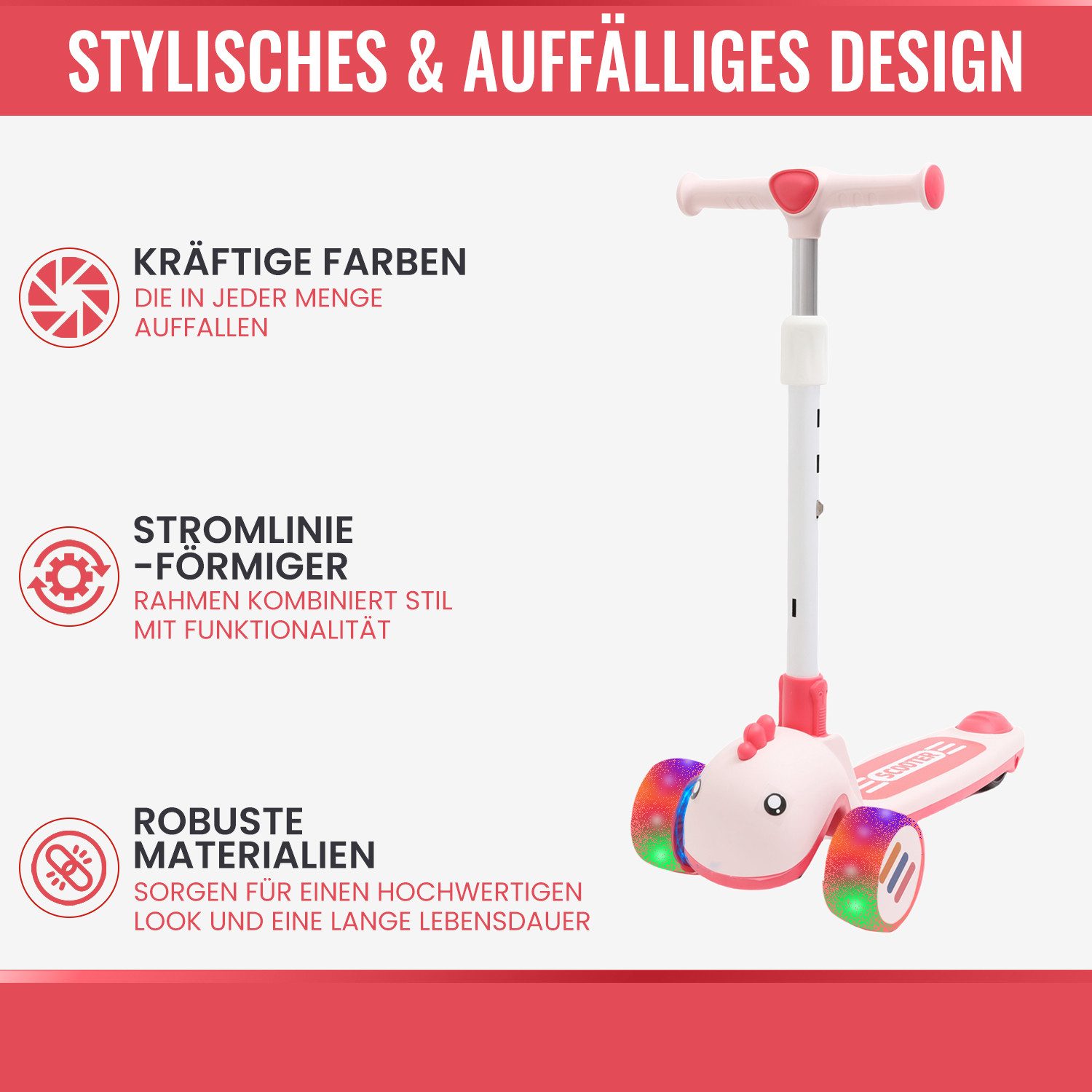 Habib Gruppe Dreiradscooter Kinderroller mit Tier-Design 3 Räder LED klappbar 3-8 Jahre, Tier-Design mit LED-Rädern, 3 Stufen 67-75 cm, klappbar – Bild 3 von 5
