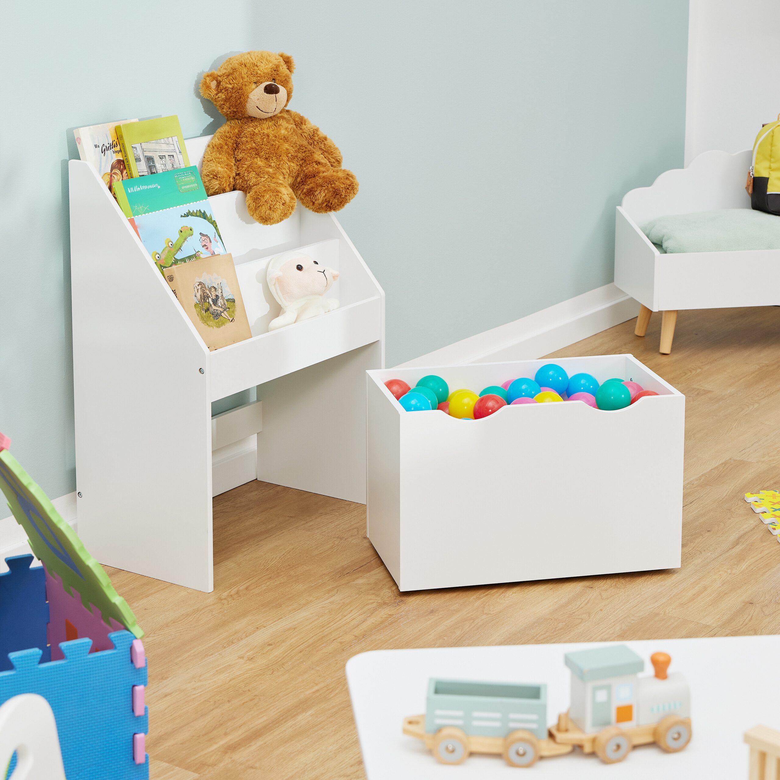 relaxdays Bücherregal Kinder mit Spielzeugkiste