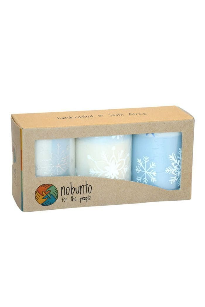 Nobunto Stumpenkerze Geschenkbox - KAPOKO - 3 x Kerzen - 5x7cm (Set, 3-tlg), Handbemalte Kunstkerze aus Südafrika · Fair for Life