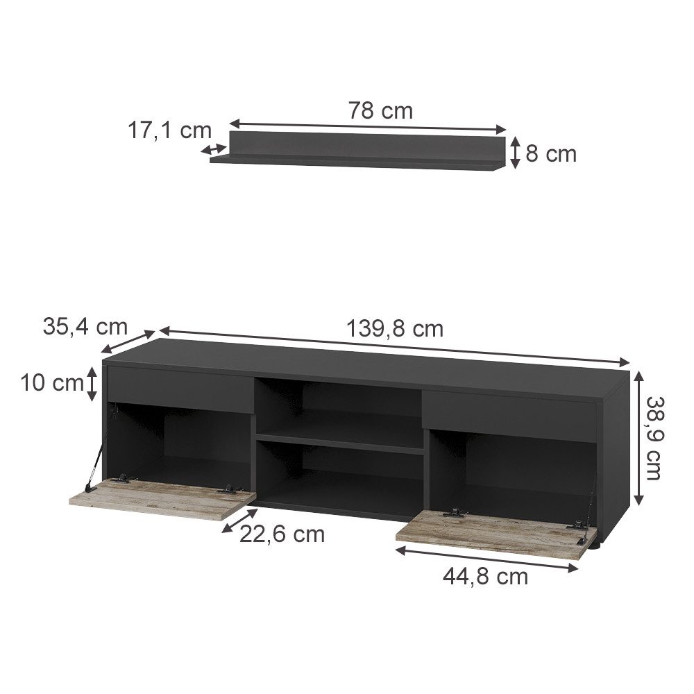 Vicco Wohnwand Berno, Schwarz/Sandeiche/Sandeiche, 2 Teile, (1-St)