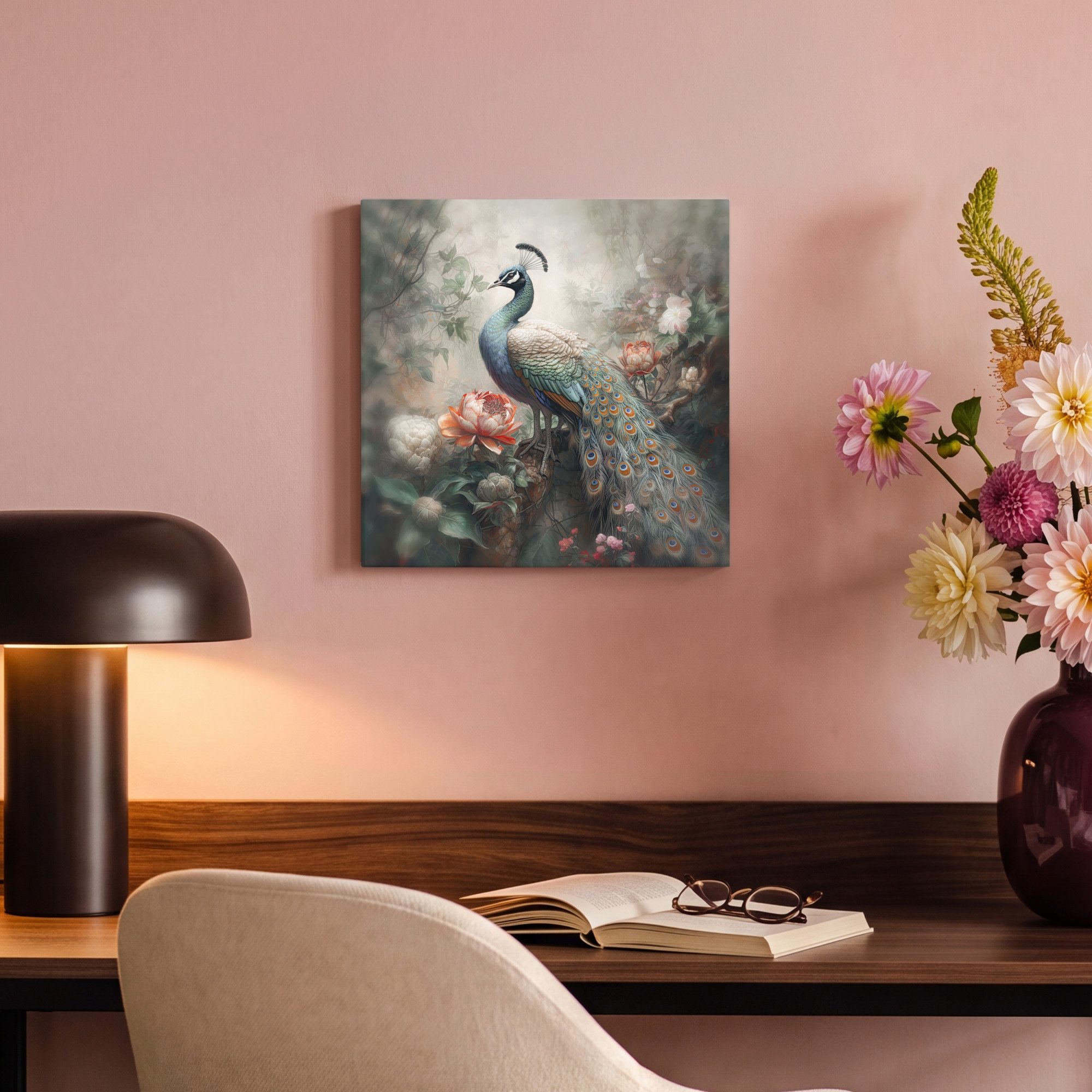 OneMillionCanvasses® Leinwandbild Pfau - Pfauenfedern - Vogel - Dschungel - Blumen, Fotodruck (1 St), Leinwand Canvas Wandbild, Wanddekoration 20x30 cm – Bild 4 von 5