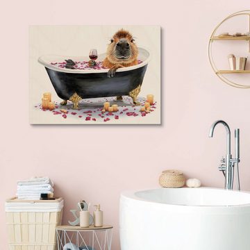 Posterlounge Holzbild Holly Simental, Happy Capybara Bath, Badezimmer Illustration