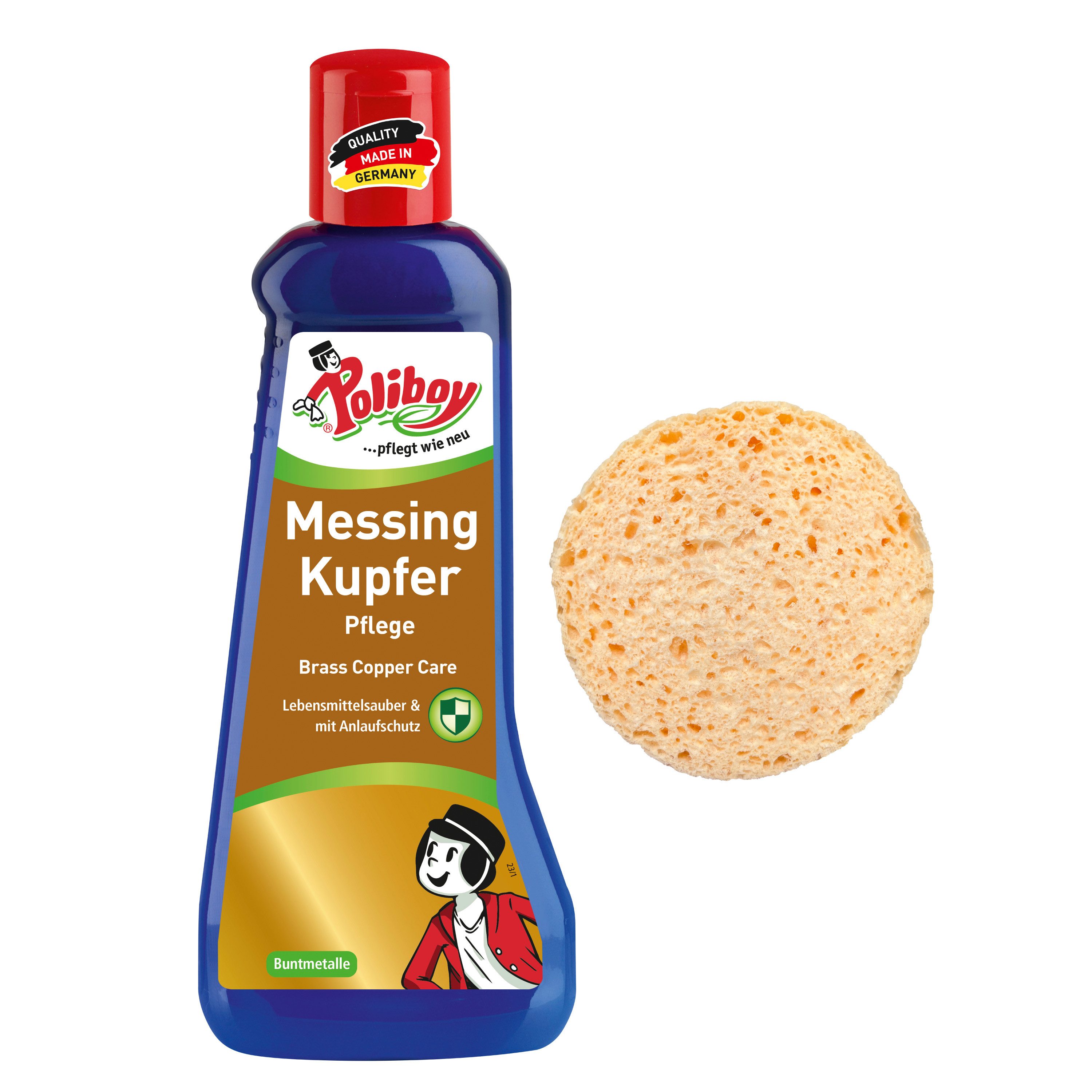 poliboy 99A5601, Messing Kupfer Pflege - 200ml - mit Schwamm Schmuckreiniger (zur Reinigung und Pflege - mit Anlaufschutz - Made in Germany)