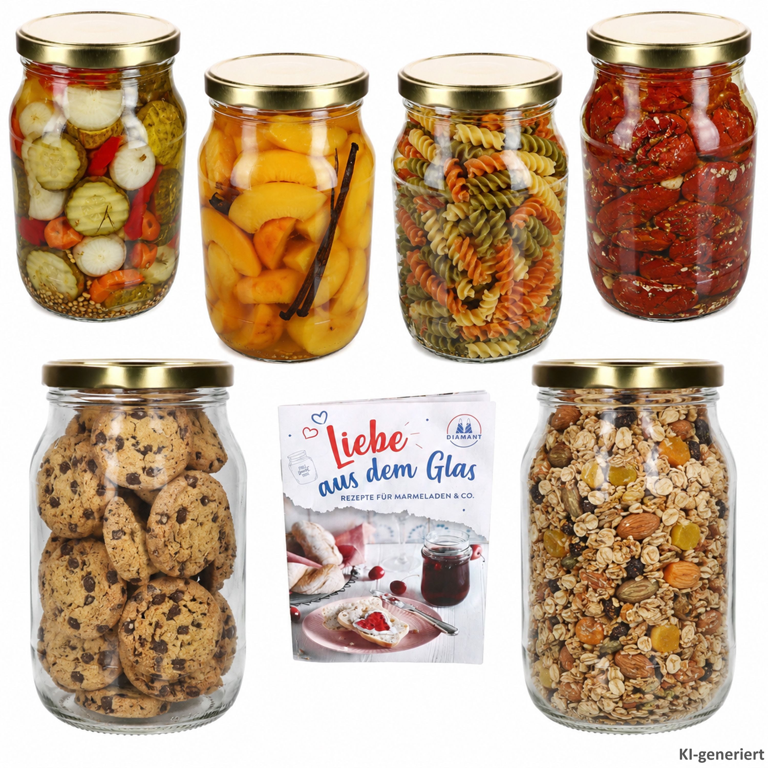 MamboCat Einmachglas 6er Set Einmachglas 1,7L Vorratsglas TO 100 Deckel gold Rezeptheft, Glas