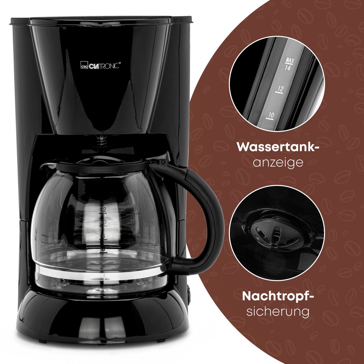 CLATRONIC Filterkaffeemaschine KA 3473 schwarz, für 12-14 Tassen, 900W, Nachtropfsicherung