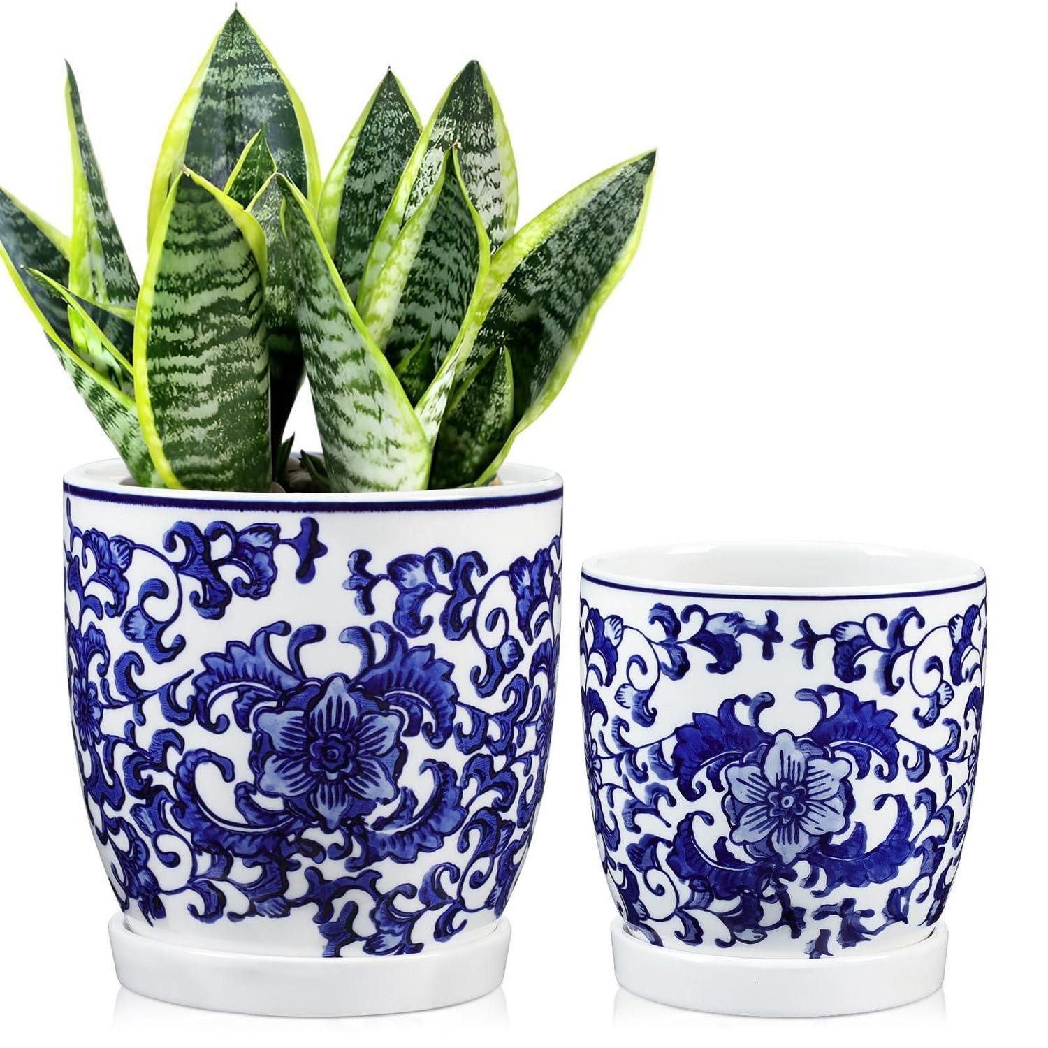 LuxusKollektion Blumentopf Blumentopf 2er Set Keramik Blau Weiß Drainagelöcher Kaktus Typ-2