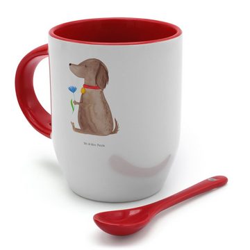 Mr. & Mrs. Panda Tasse Hund Blume - Weiß - Geschenk, Hunde, Kaffeetasse, Sprüche, niedlich, Keramik, Keramik-Löffel inklusive