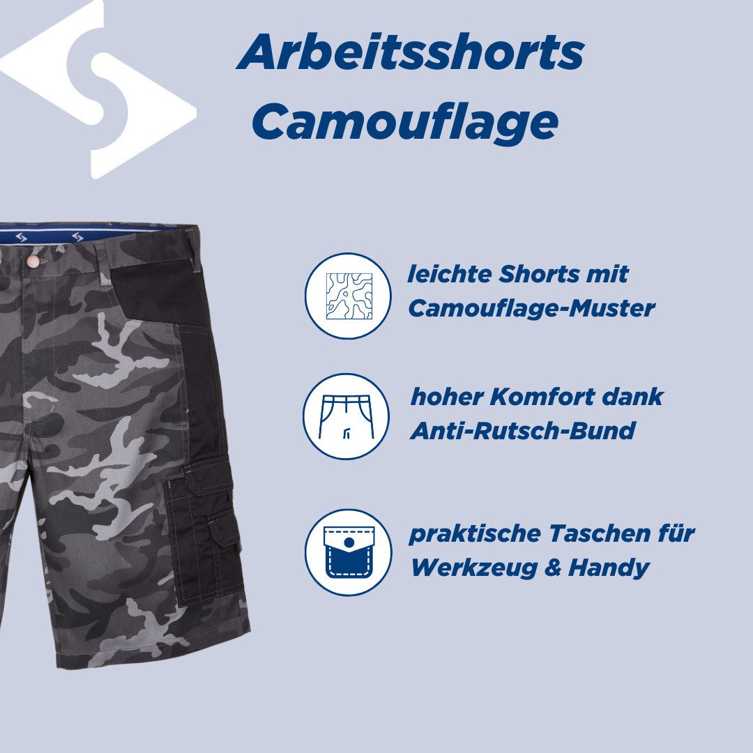 SCHEIBLER WORKWEAR Arbeitsshorts Camouflage mit Hammerschalufe und Oberschenkeltasche