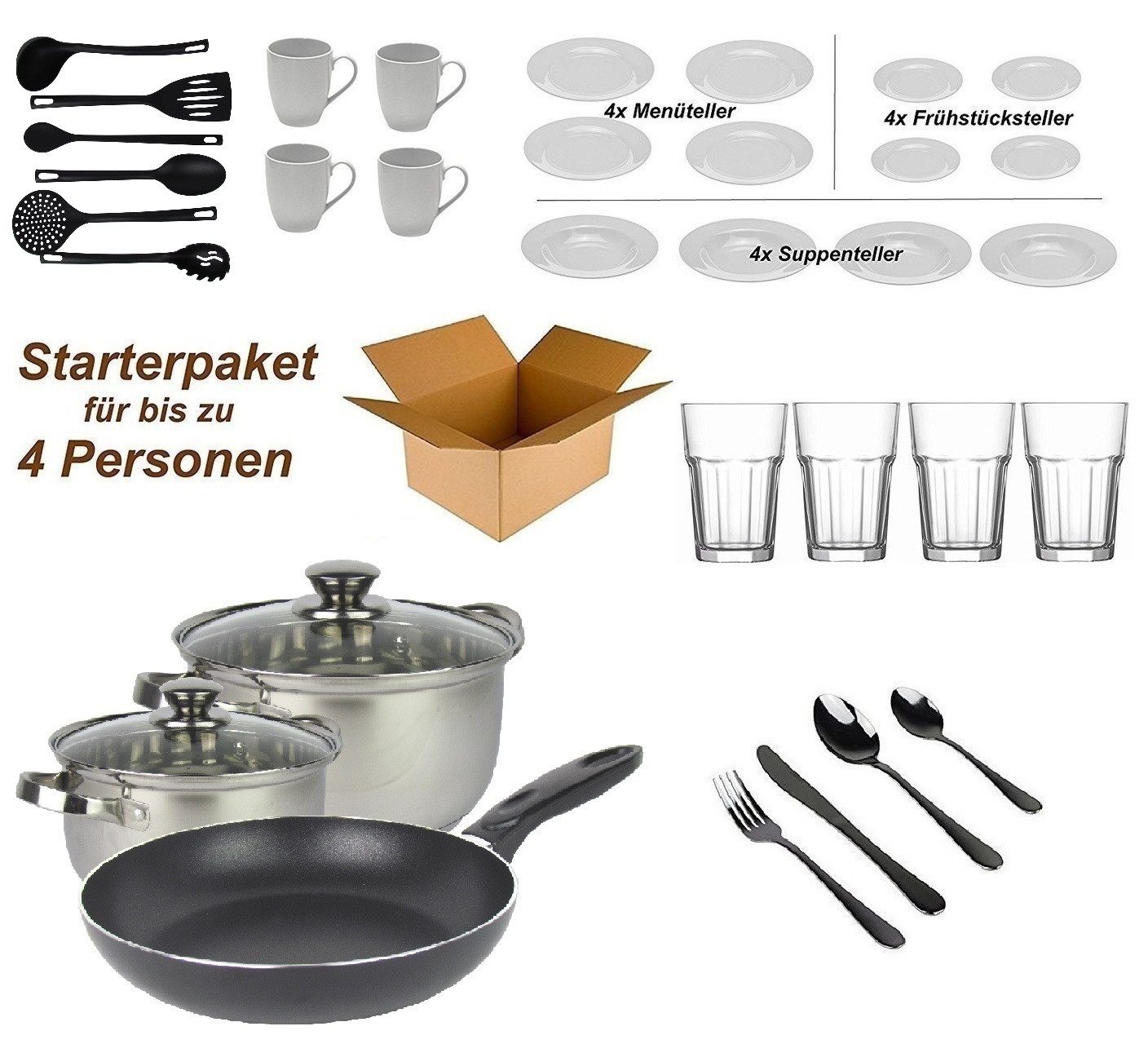 Steinmann Starterpaket Haushalt Starterset 4 Personen - Wohneinrichtung (47-tlg) Einrichtungspaket - 47-teilig (Küche, Besteck, Geschirr)