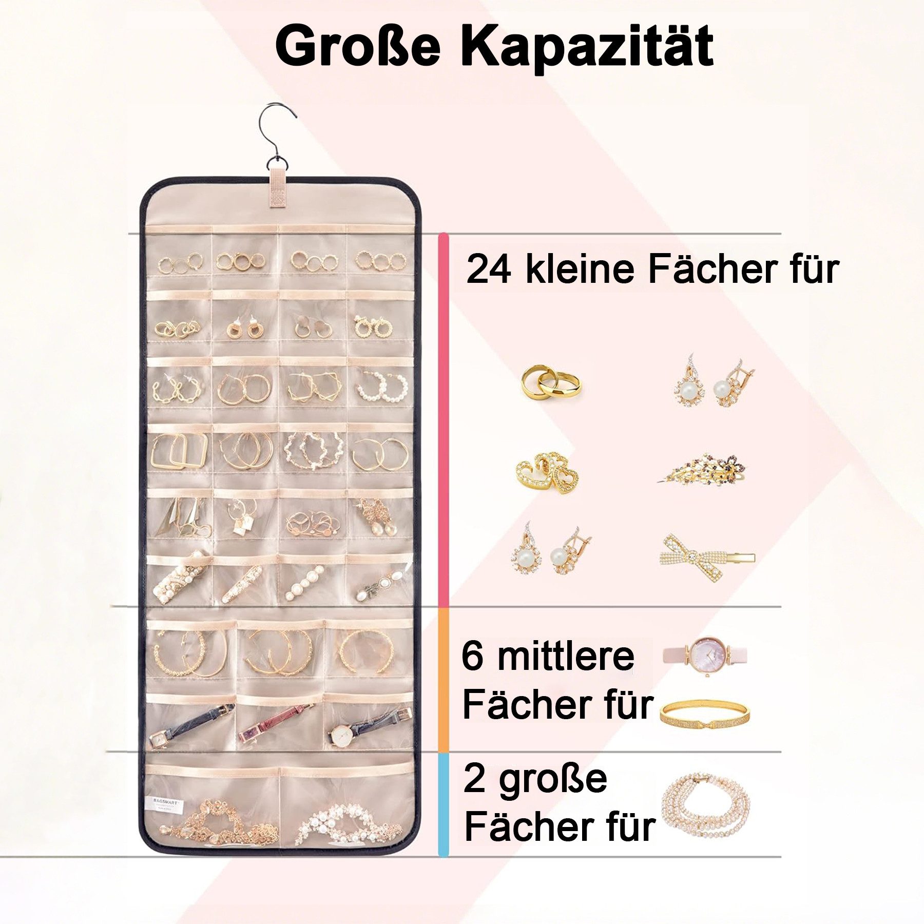 Mutig Schmuckständer Schmuck Organizer zum Aufhängen, Doppelseitige Schmuckaufbewahrung (Fächer und Taschen, Metallhaken, Schmuckhalter für Ohrringe, Halsketten, Ringe, Armbänder), Aufbewahrung an Schrank, Tür, Wand