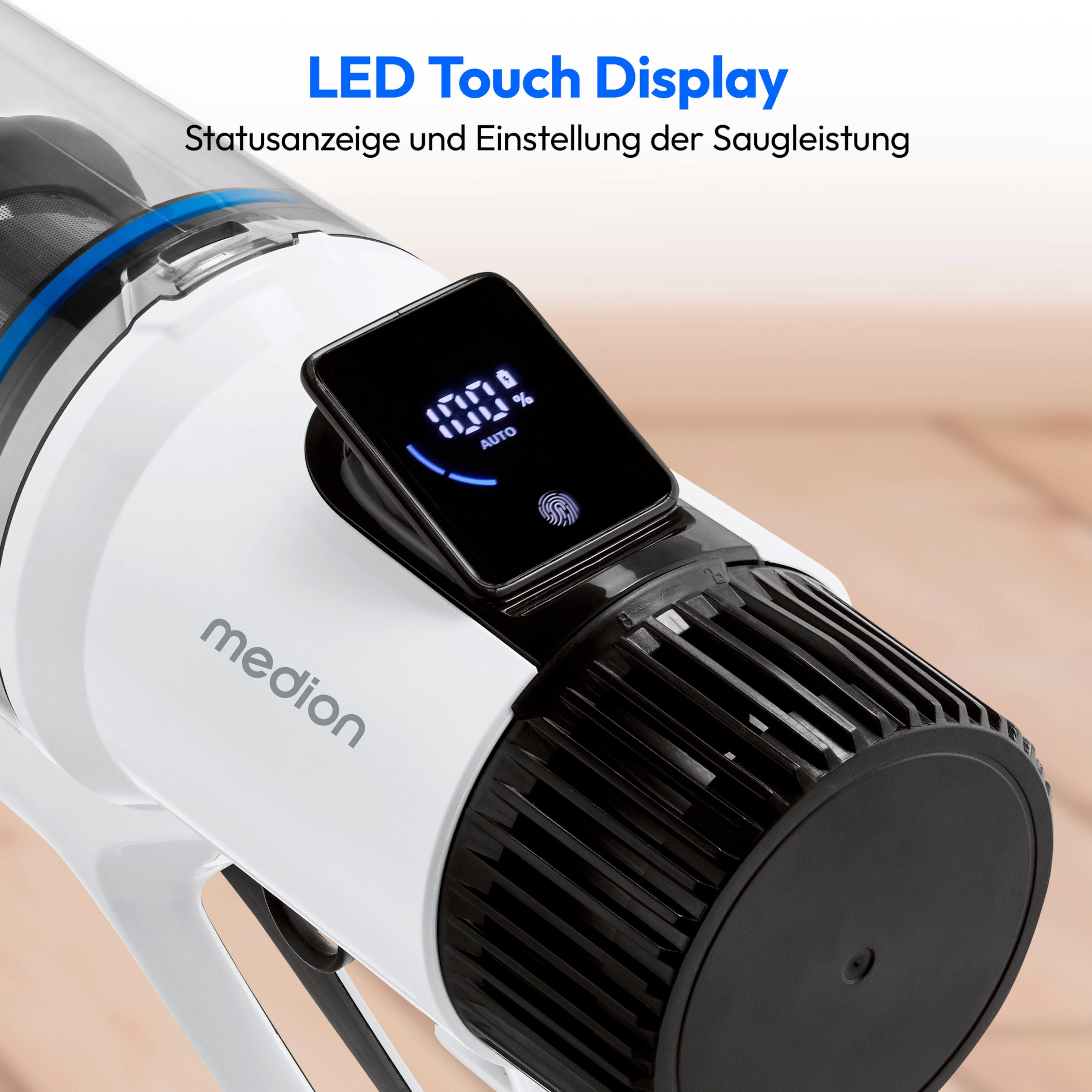 Medion® Stielstaubsauger MEDION LIFE P400 W+ Akku-Staubsauger mit Wischfunktion, 400 W, beutellos, LED-Touch-Displ.,3-stufige Saugleistung,beutellos,Zyklon-Technologie