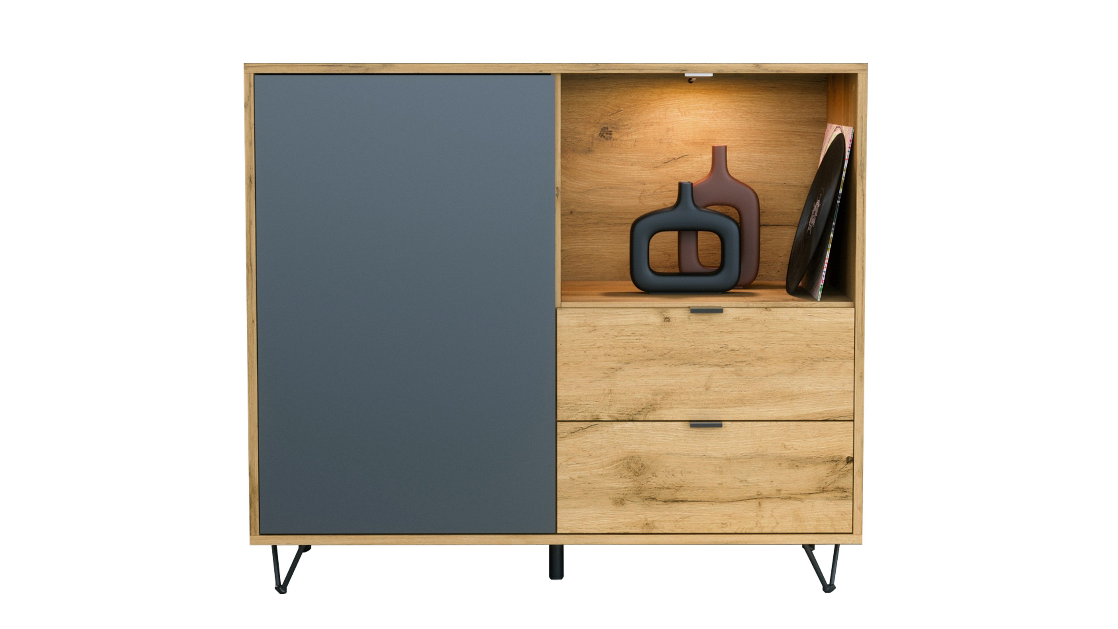 Vladon Kommode Marino (Kommode mit 1 Tür Anthrazit matt, 2 Schubladen Eiche Evoke, inkl. LED, Made in Germany), Korpus Eiche Evoke (103 x 90,5 x 37 cm)