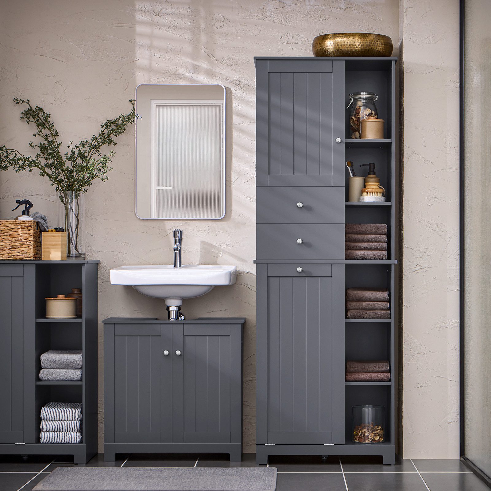 SoBuy Hochschrank BZR104, Badezimmerschrank, 4-in-1 Badkommode, Aufbewahrungsschrank Wäscheschrank, offenen Fächern, mit Wäschekorb, Schrank für Badezimmer – Bild 2 von 5