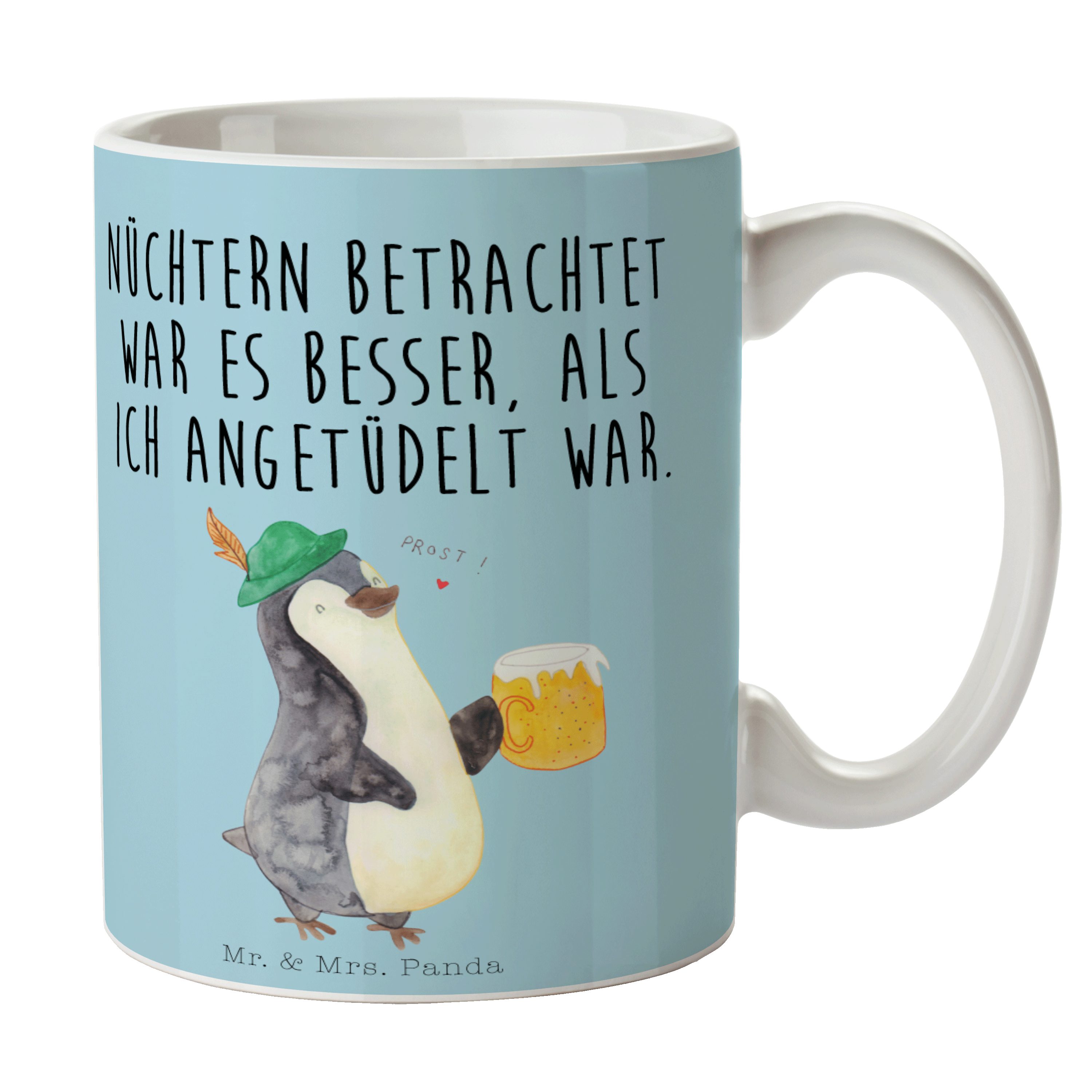 Mr. & Mrs. Panda Tasse Pinguin Bier - Eisblau - Geschenk, Teetasse, Bierchen, Geschenk Tasse, Keramik