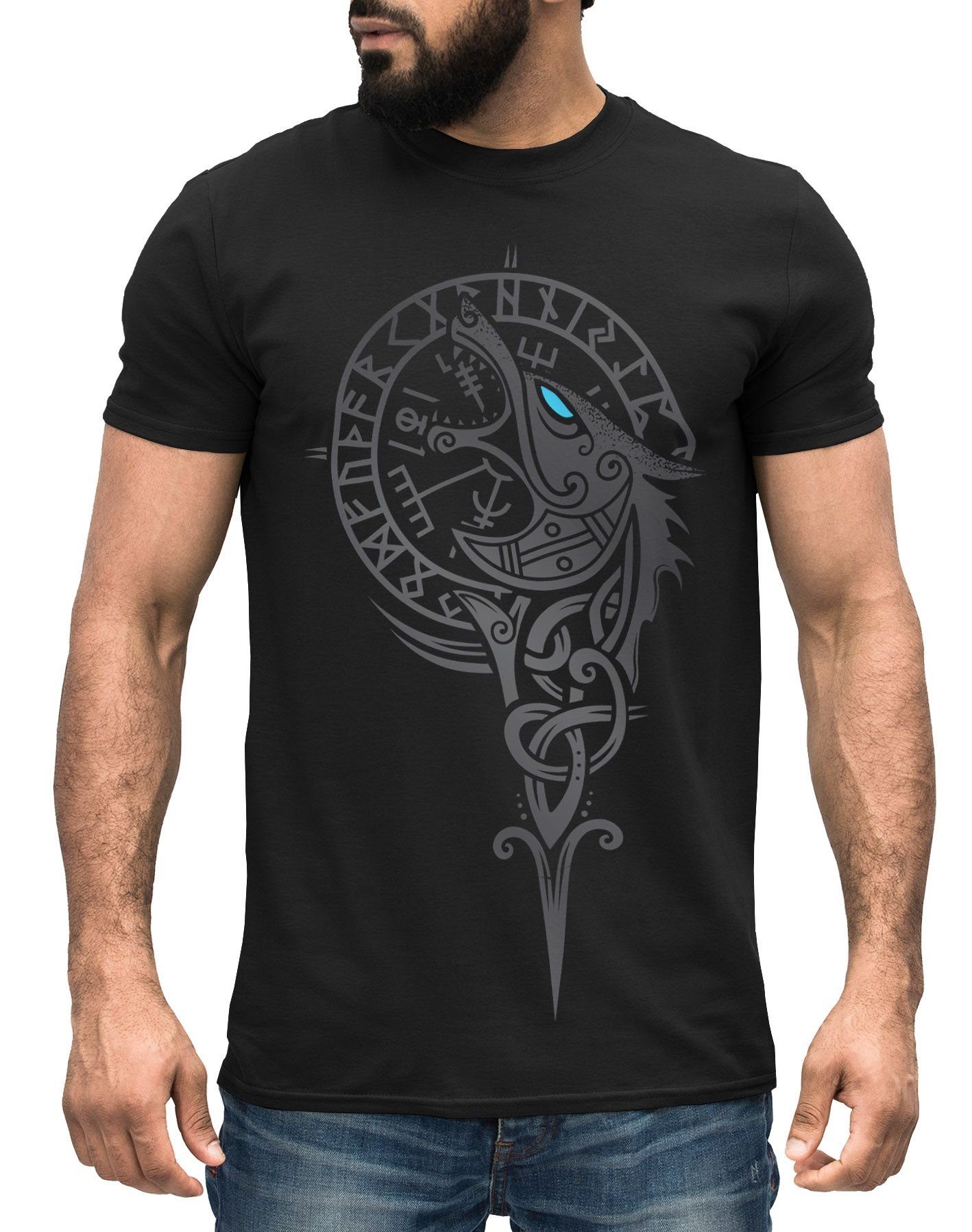 Neverless Print-Shirt Herren T-Shirt Wikinger Kompass Fenriswolf Fenrir Veg günstig online kaufen