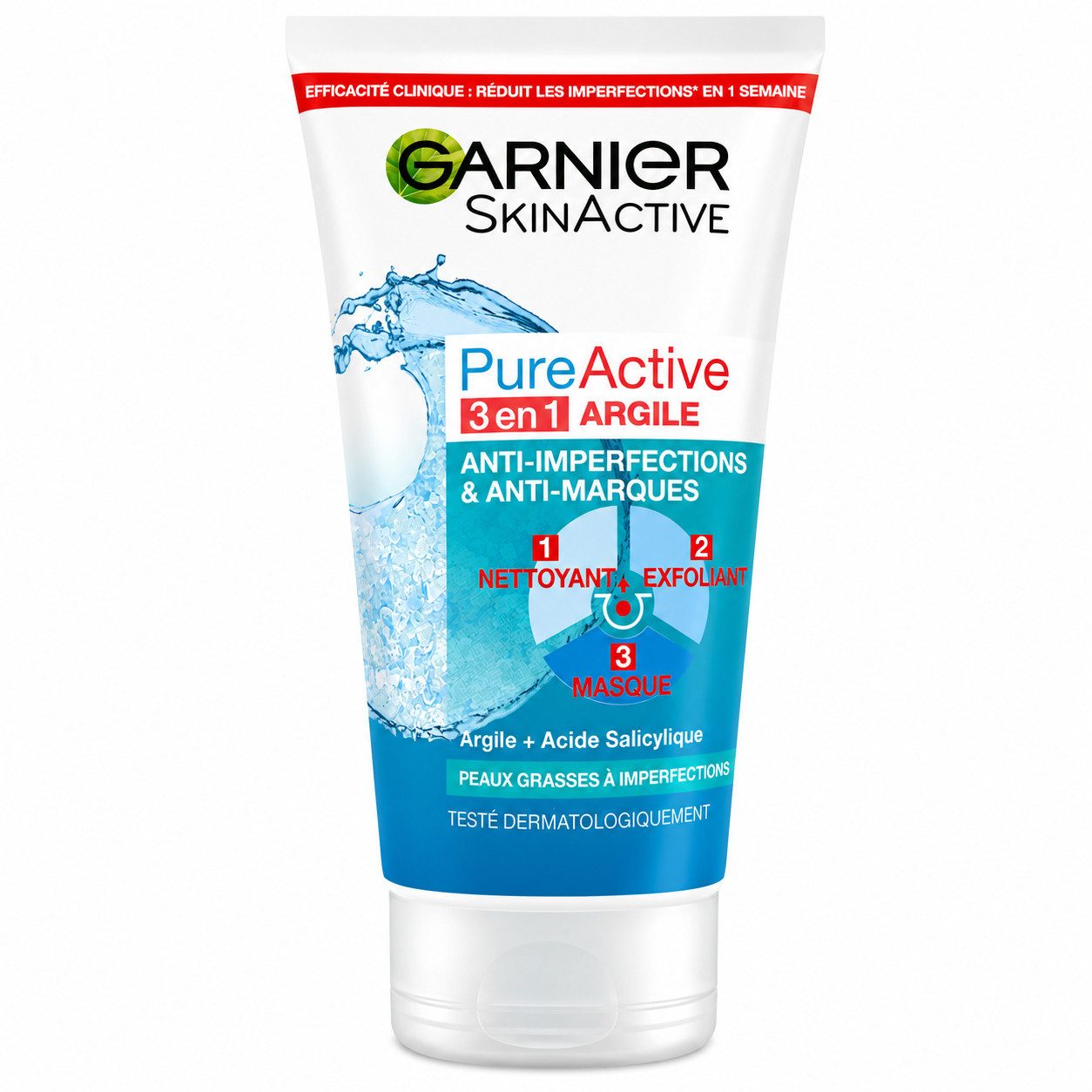 GARNIER Gesichtsreinigungsgel Pure Active 3-in-1 Tonerde-Reiniger – Für fettige, zu Unreinheiten nei, 1-tlg.
