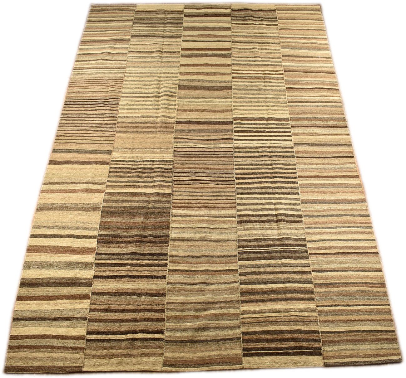 KUHFELL online & NOMAD Orientteppich Nomaden Kelim Mazanderan 315 x 200 cm Braun Beige gestreift 100% Wolle