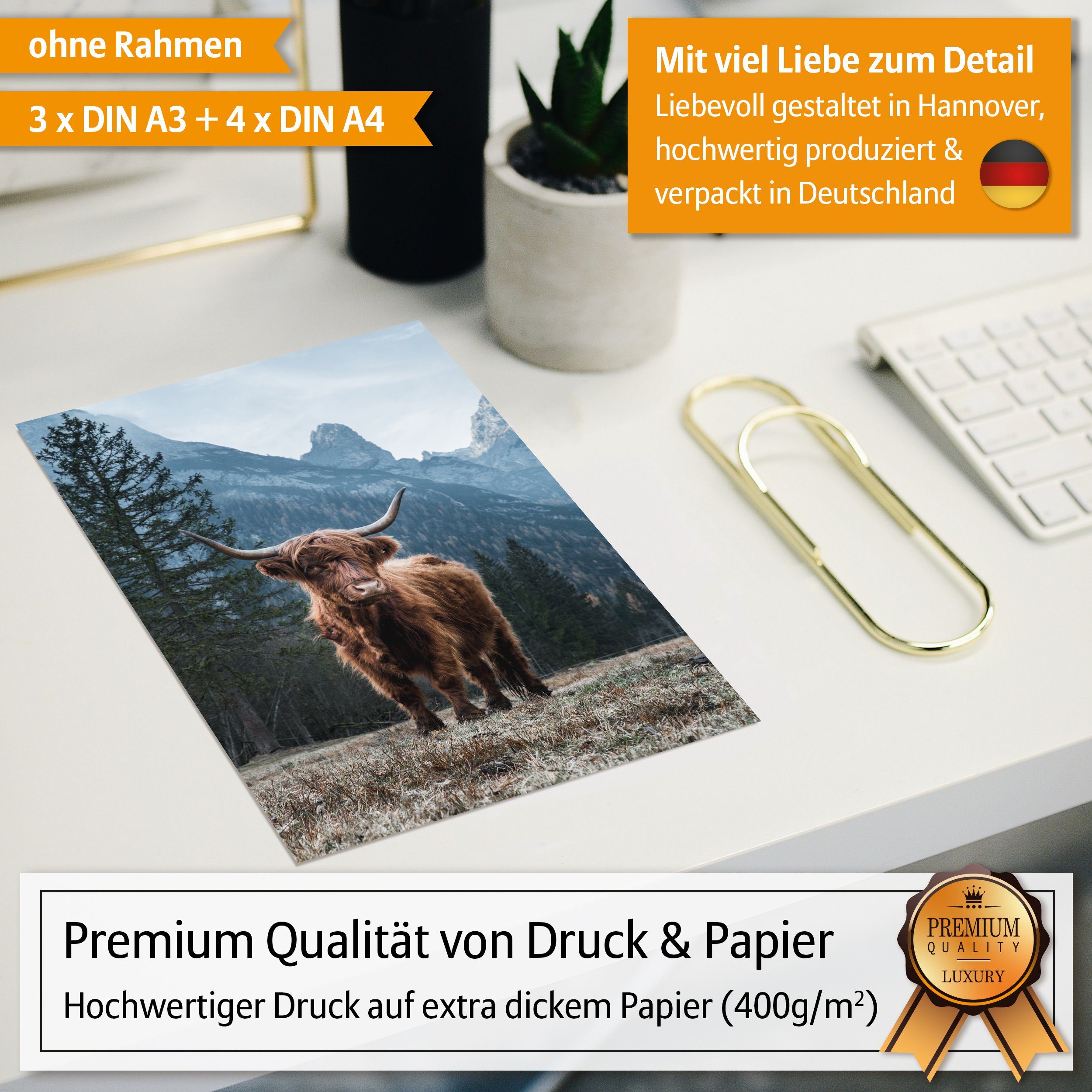 Hyggelig Home Poster Highlands - Premium Poster Set OHNE & MIT Rahmen - 7 Wandbilder Berge, Natur (Set, 7 St), Collage Wälder, Qualitätsdruck auf dickem Papier