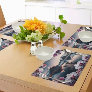 Platzset, Waschbare Stoff Esszimmer Küche Tischdekorations Digitaldruck, Abakuhaus, (4-teilig, 4-St., Set aus 4x), See Frühlingszeit Orchideen und Berge
