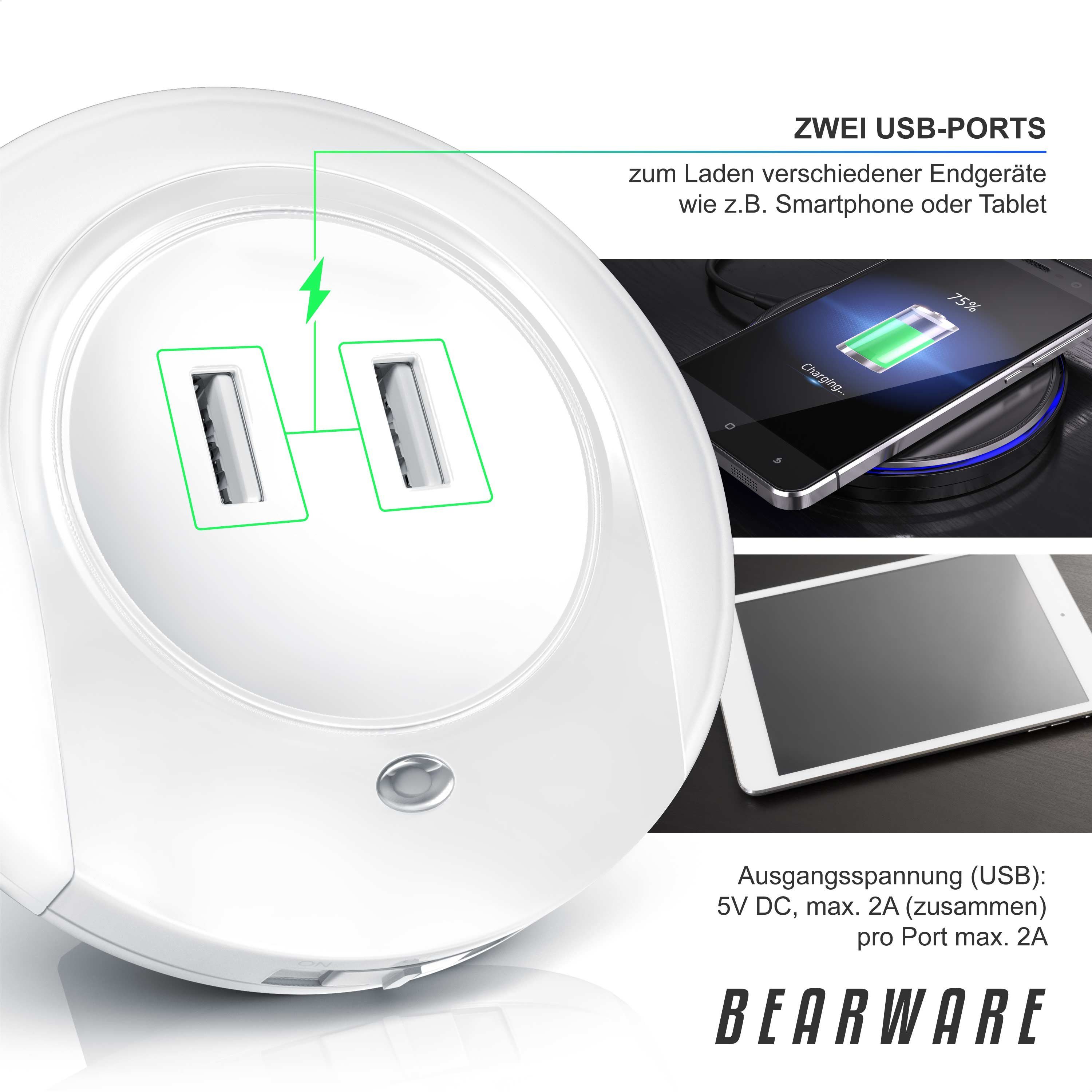 BEARWARE LED Nachtlicht Nachtlampe mit USB Ladefunktion, Helligkeits & Dämmerungssensor, mit LED, Tageslichtsensor, USB-Anschluss, Nachtlichtfunktion, LED fest  – Bild 3 von 5