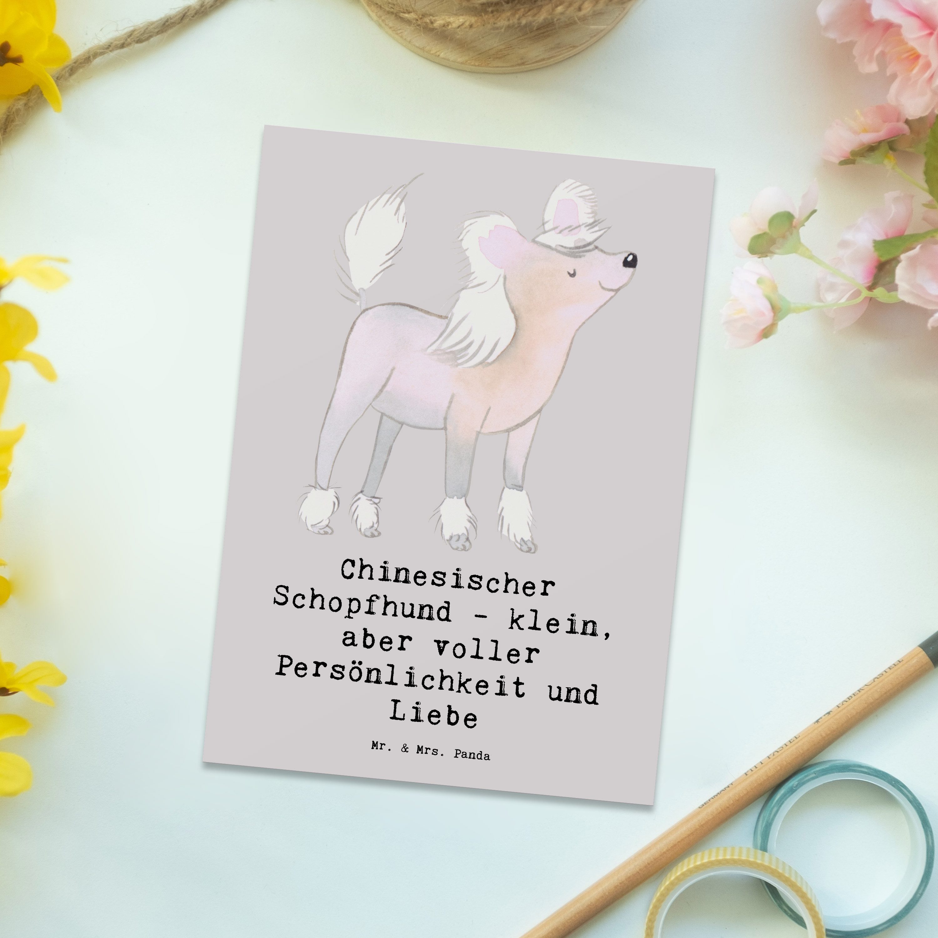 Thumbnail - Mr. & Mrs. Panda Postkarte Chinesischer Schopfhund Liebe - Grau Pastell - Geschenk, Geschenkkart