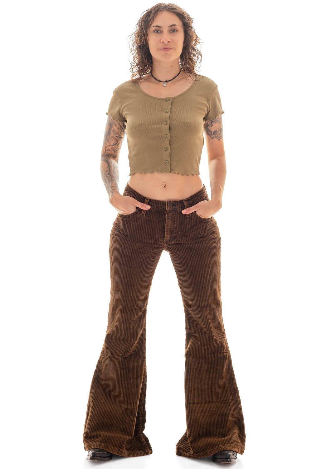 Comycom Schlaghose Damen Cord braun mit Enzym-Waschung