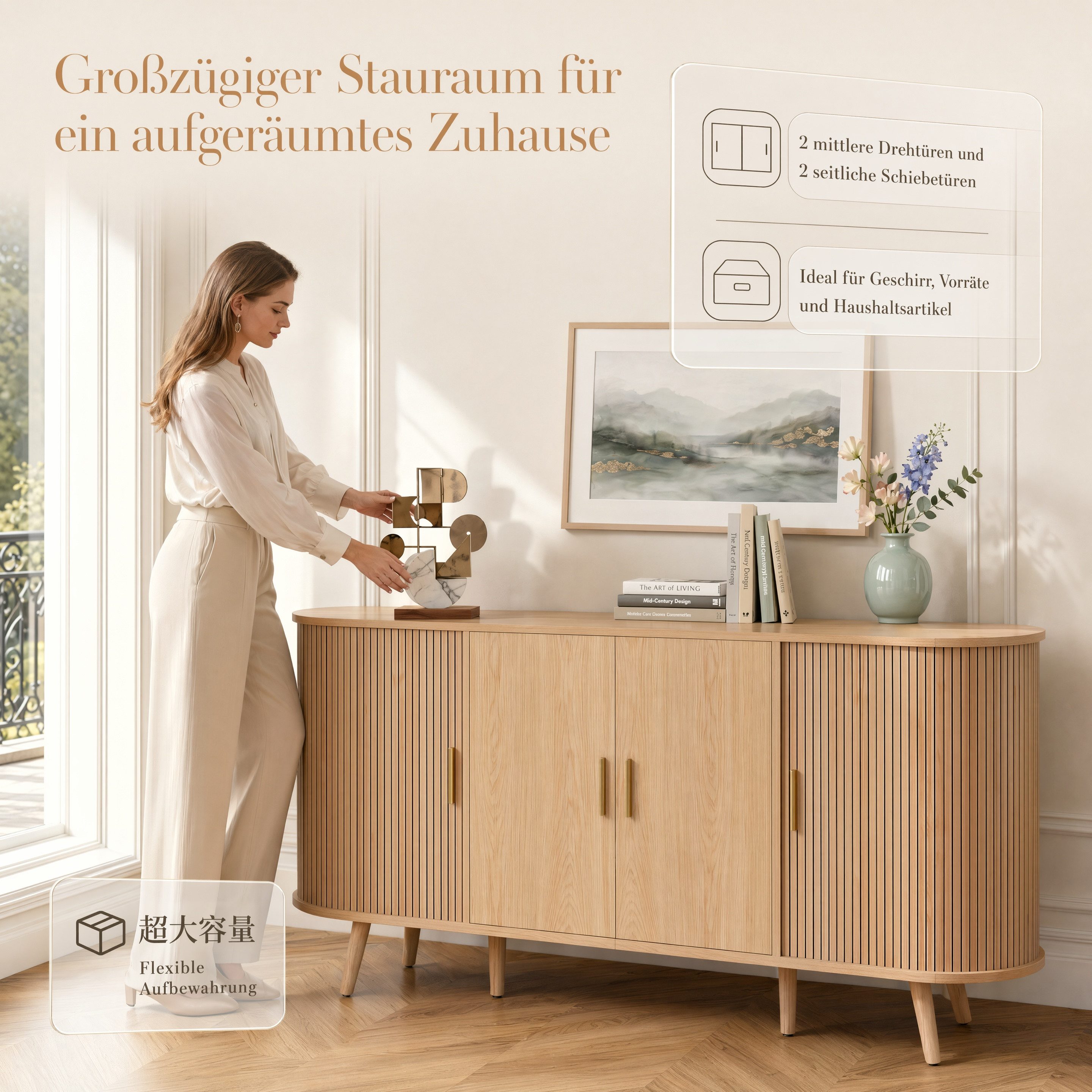 Totnz Sideboard mit 2 Drehtüren und 2 Schiebetüren, mit verstellbarem Einlegeboden (Rillendesign, Metallgriffen und Massivholzbeinen), für Esszimmer und Flur